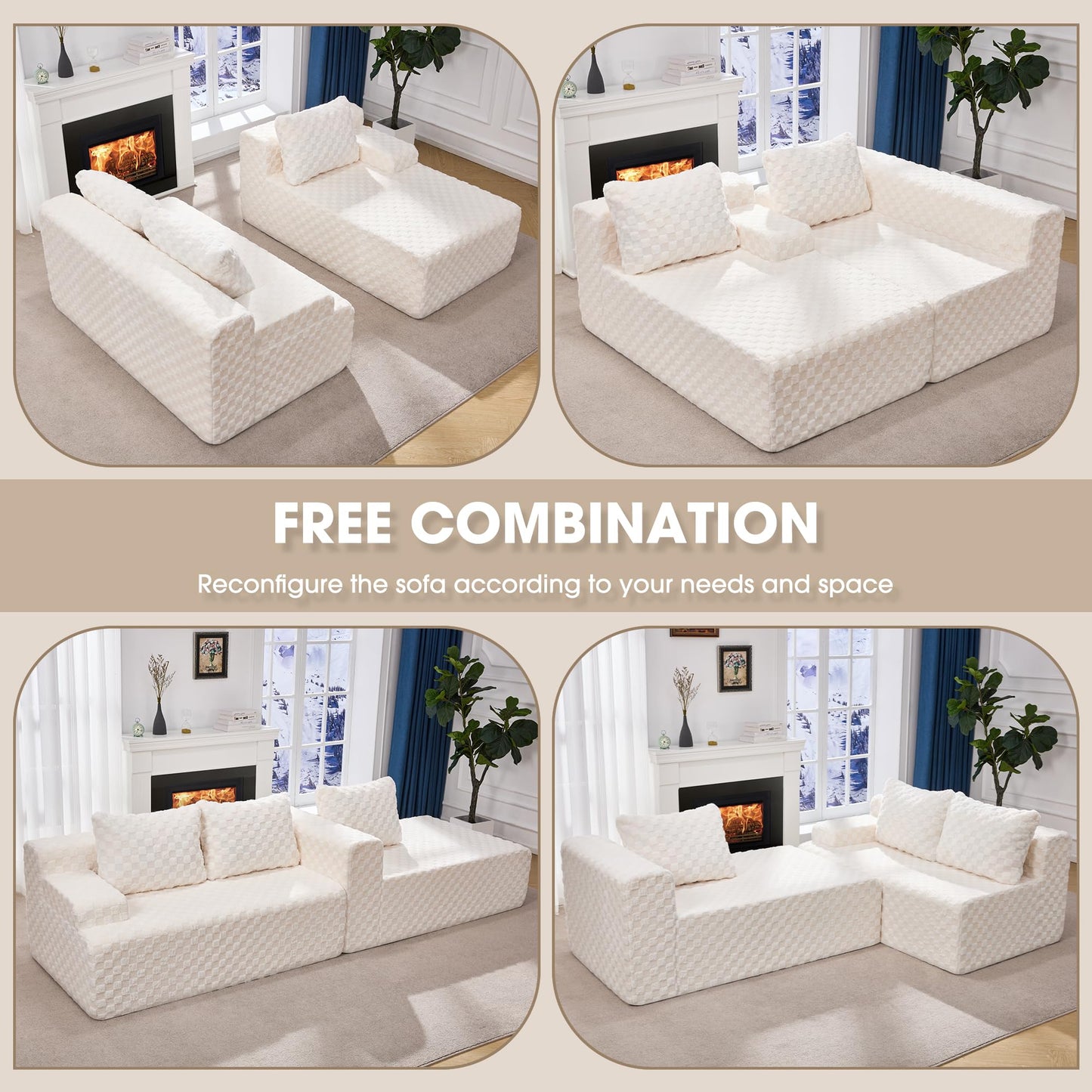 Hobestluk 96” Modular Sectional Sofa Couches L-Shape Couch 3 Seat Modular Sofa Memory Foam Sectional Couches for Living Room, Cloud Couch with Oversized Chaise (Grey, Stripe (Right Facing Chaise))