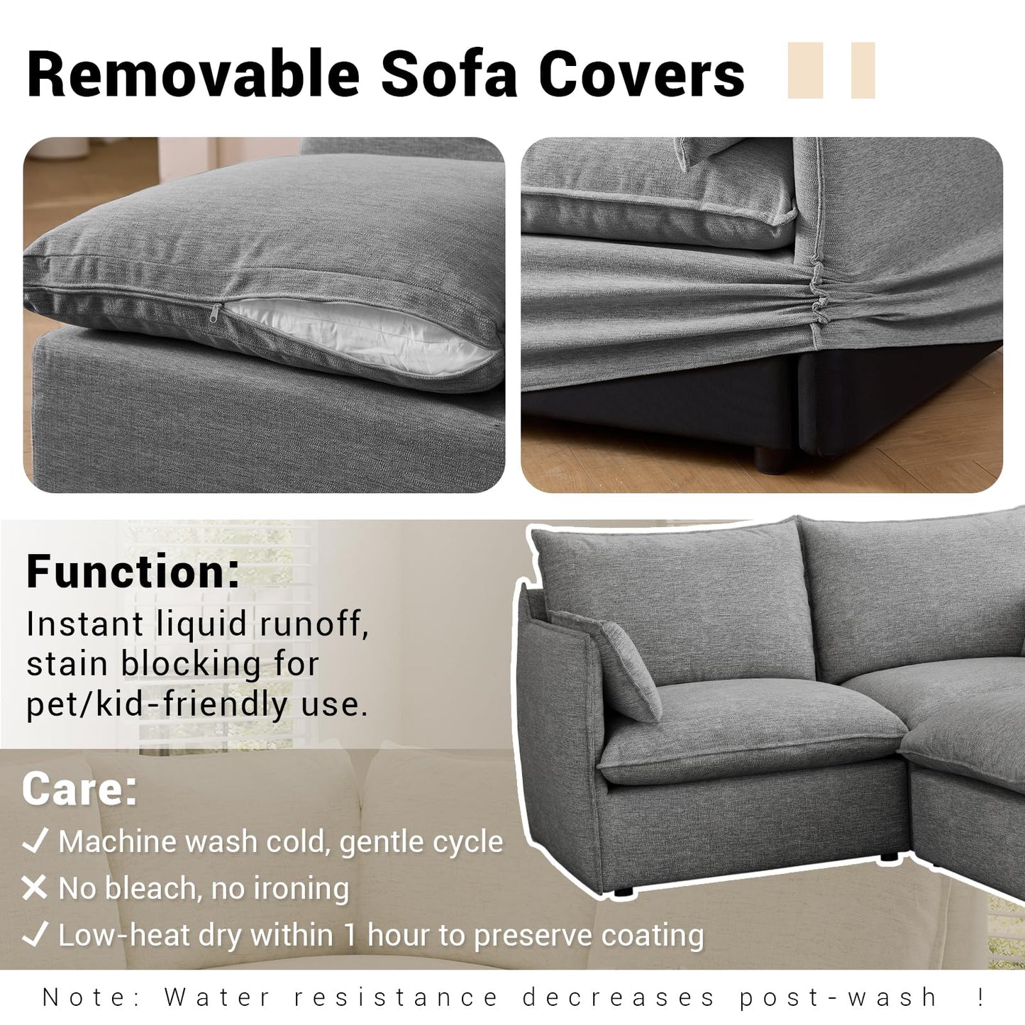 94.6" Small Cloud Couch, Linen Cloud Sectional Couches for Living Room, Convertible Down Filled Modular Sectional Sofa with Deep Seats & High-Back, Removable Washable Sofa Covers, Spill-Proof Fabric