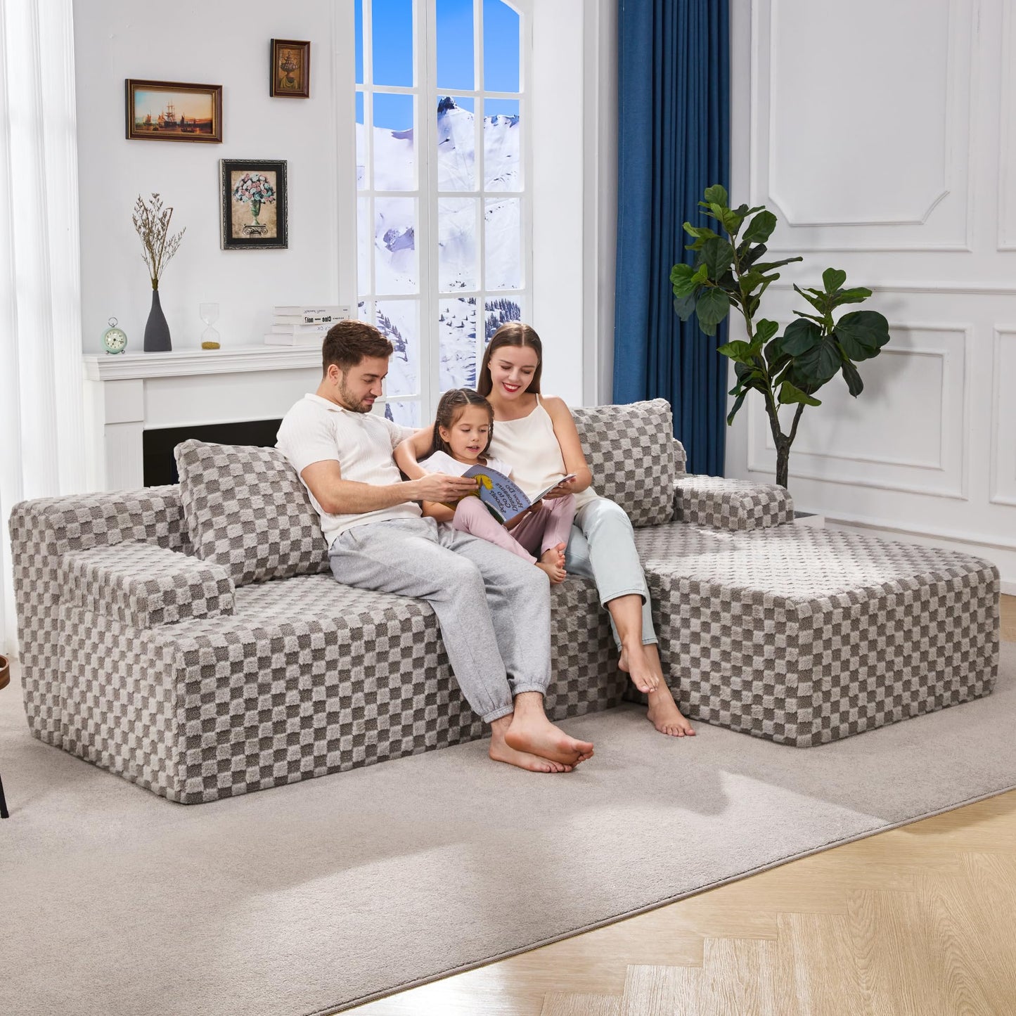 Hobestluk 96” Modular Sectional Sofa Couches L-Shape Couch 3 Seat Modular Sofa Memory Foam Sectional Couches for Living Room, Cloud Couch with Oversized Chaise (Grey, Stripe (Right Facing Chaise))