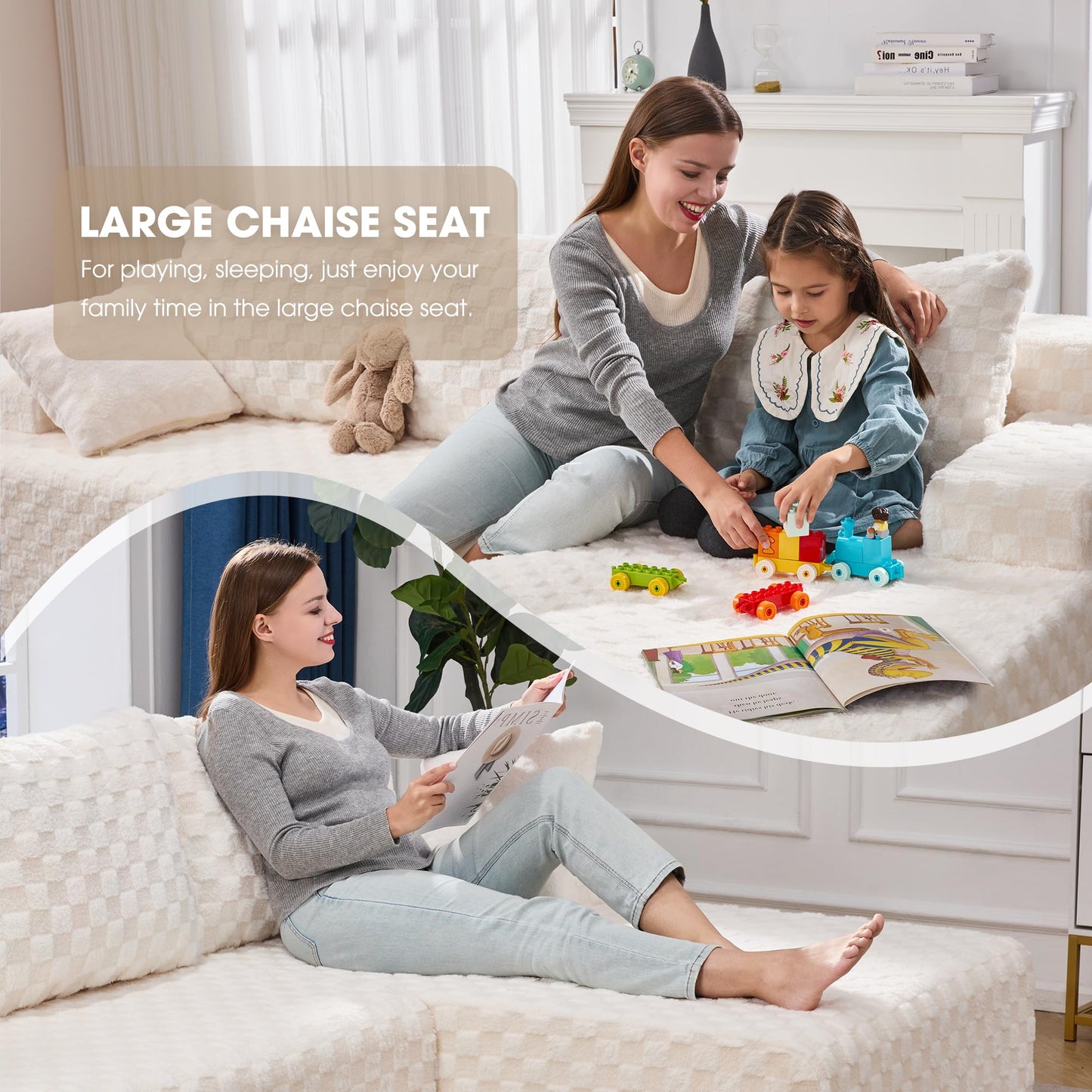 Hobestluk 96” Modular Sectional Sofa Couches L-Shape Couch 3 Seat Modular Sofa Memory Foam Sectional Couches for Living Room, Cloud Couch with Oversized Chaise (Grey, Stripe (Right Facing Chaise))