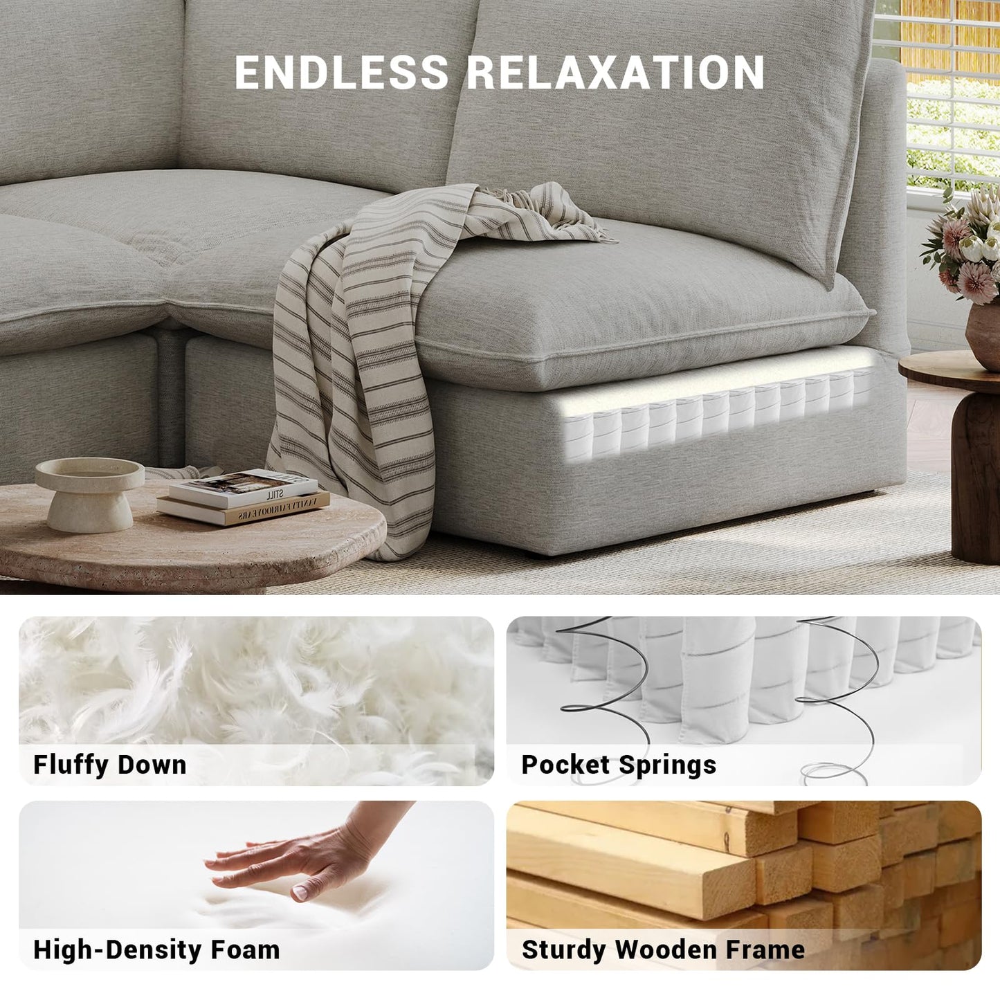 94.6" Small Cloud Couch, Linen Cloud Sectional Couches for Living Room, Convertible Down Filled Modular Sectional Sofa with Deep Seats & High-Back, Removable Washable Sofa Covers, Spill-Proof Fabric