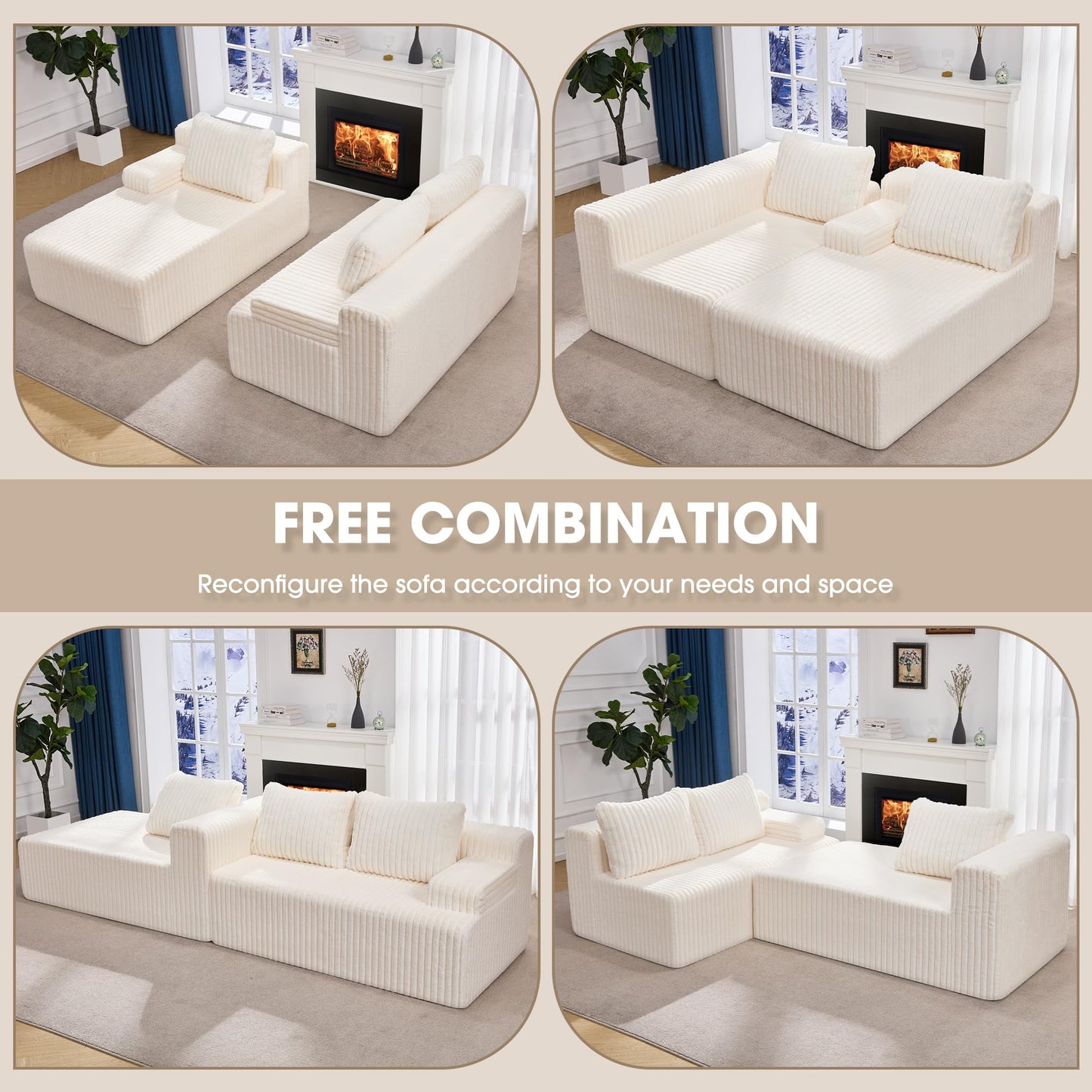 Hobestluk 96” Modular Sectional Sofa Couches L-Shape Couch 3 Seat Modular Sofa Memory Foam Sectional Couches for Living Room, Cloud Couch with Oversized Chaise (Grey, Stripe (Right Facing Chaise))