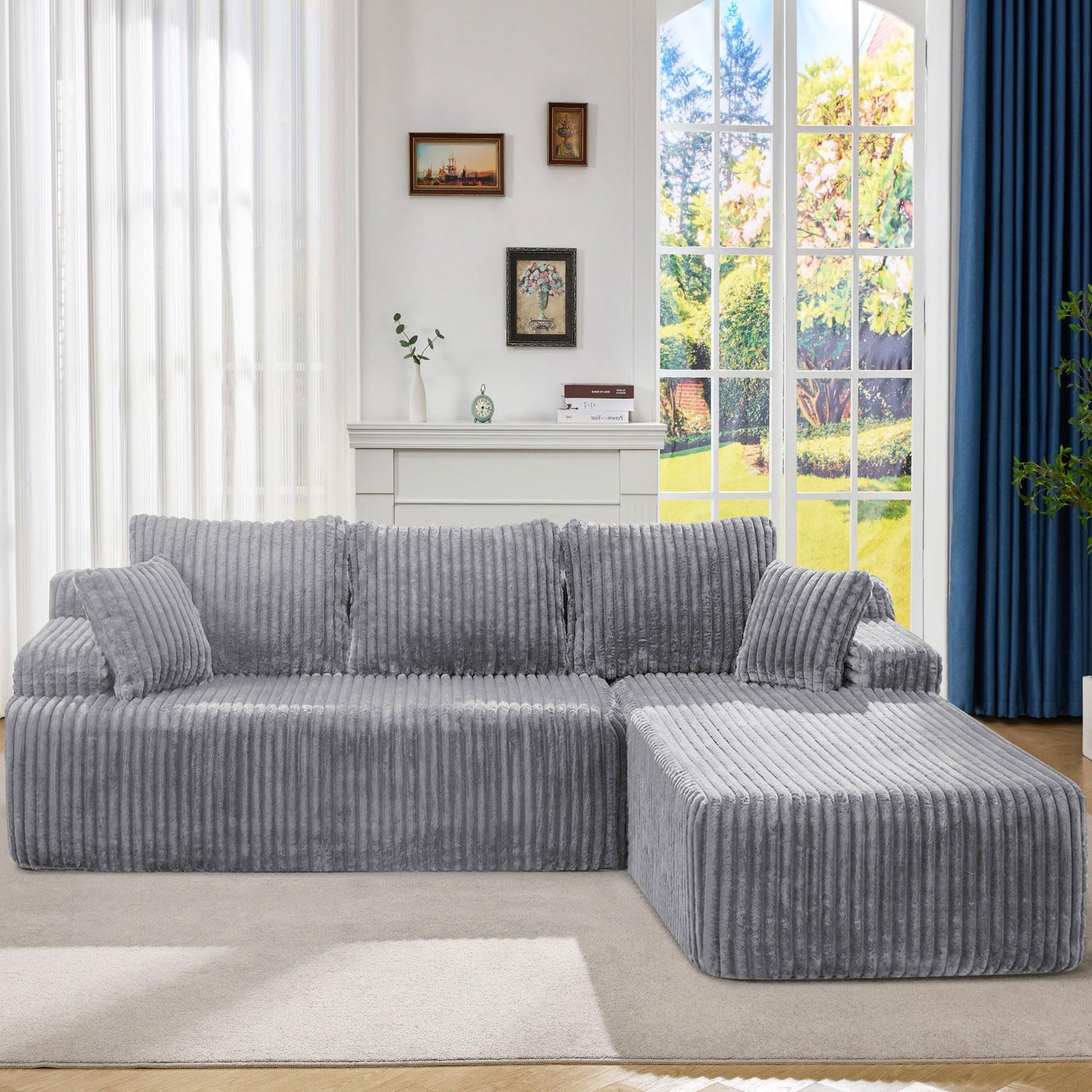 Hobestluk 96” Modular Sectional Sofa Couches L-Shape Couch 3 Seat Modular Sofa Memory Foam Sectional Couches for Living Room, Cloud Couch with Oversized Chaise (Grey, Stripe (Right Facing Chaise))