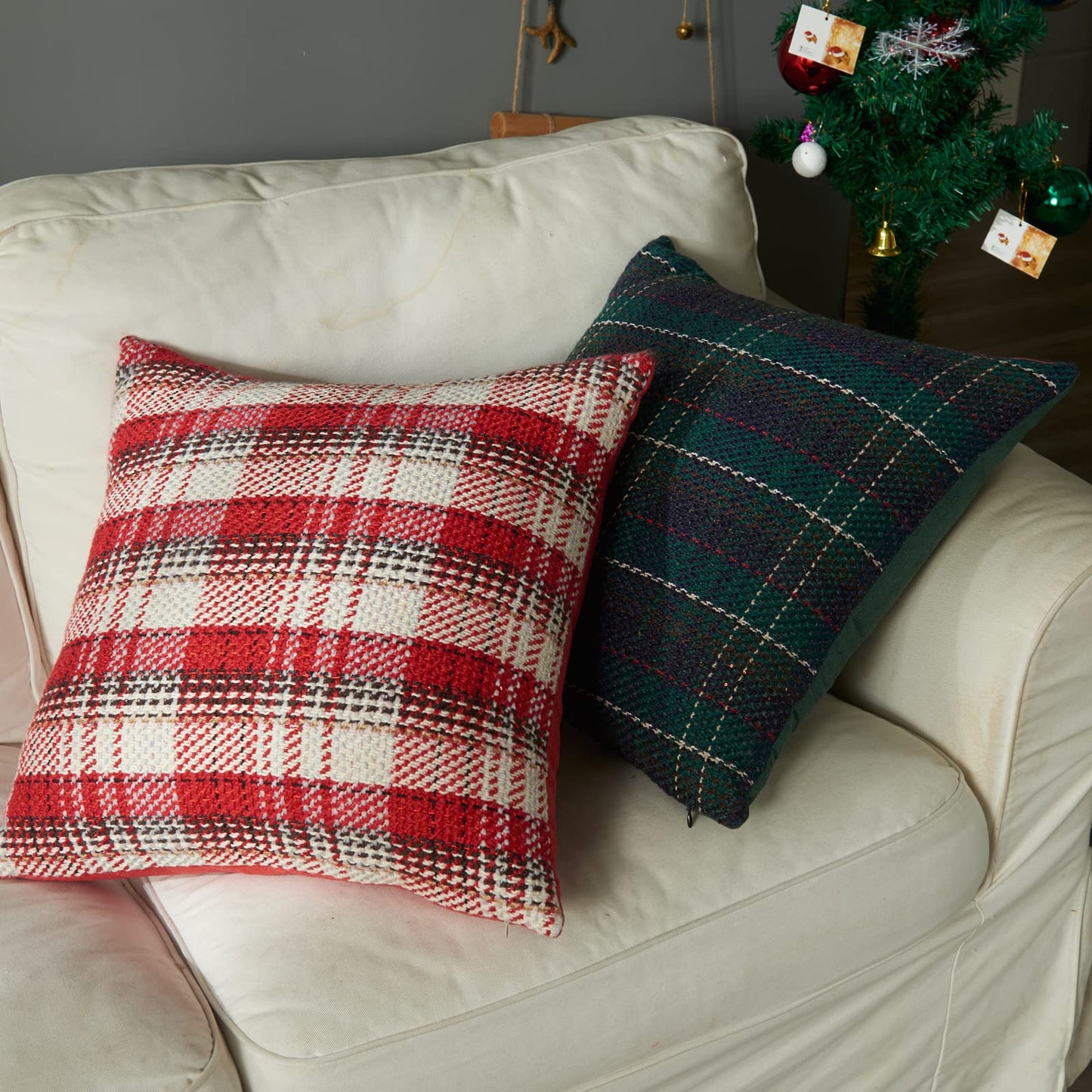 Green Plaid Pillow Covers 20x20 inch Set of 2 Knitting Tartan Pillow Cases Winter Xmas Farmhouse Cushion Covers for Sofa Bed