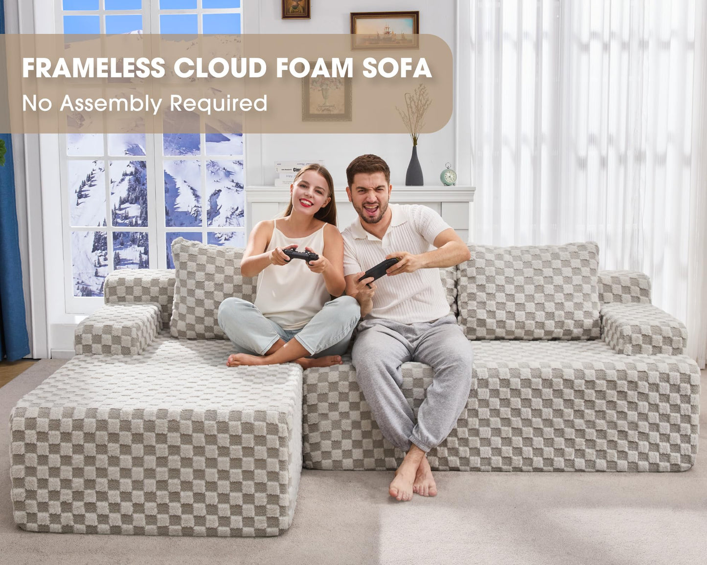 Hobestluk 96” Modular Sectional Sofa Couches L-Shape Couch 3 Seat Modular Sofa Memory Foam Sectional Couches for Living Room, Cloud Couch with Oversized Chaise (Grey, Stripe (Right Facing Chaise))