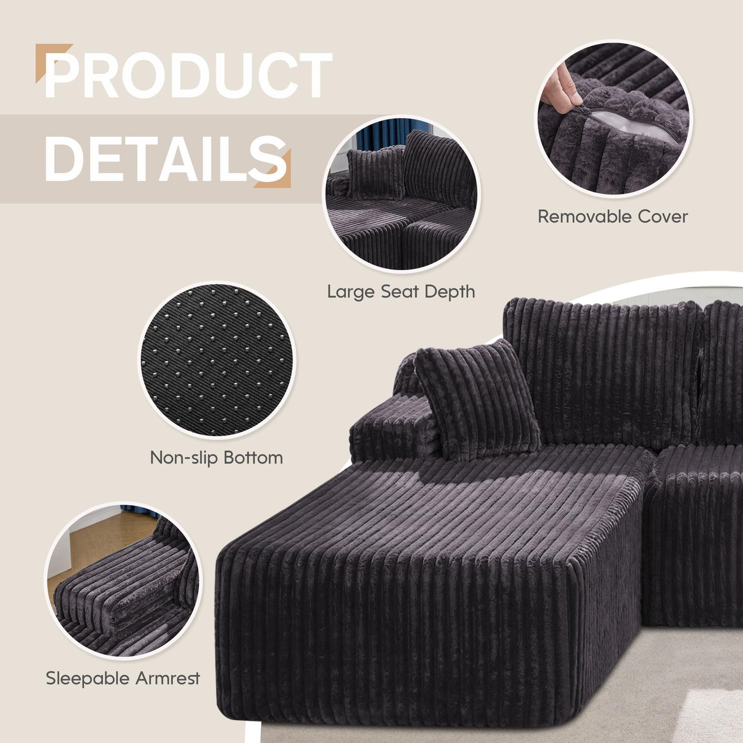 Hobestluk 96” Modular Sectional Sofa Couches L-Shape Couch 3 Seat Modular Sofa Memory Foam Sectional Couches for Living Room, Cloud Couch with Oversized Chaise (Grey, Stripe (Right Facing Chaise))