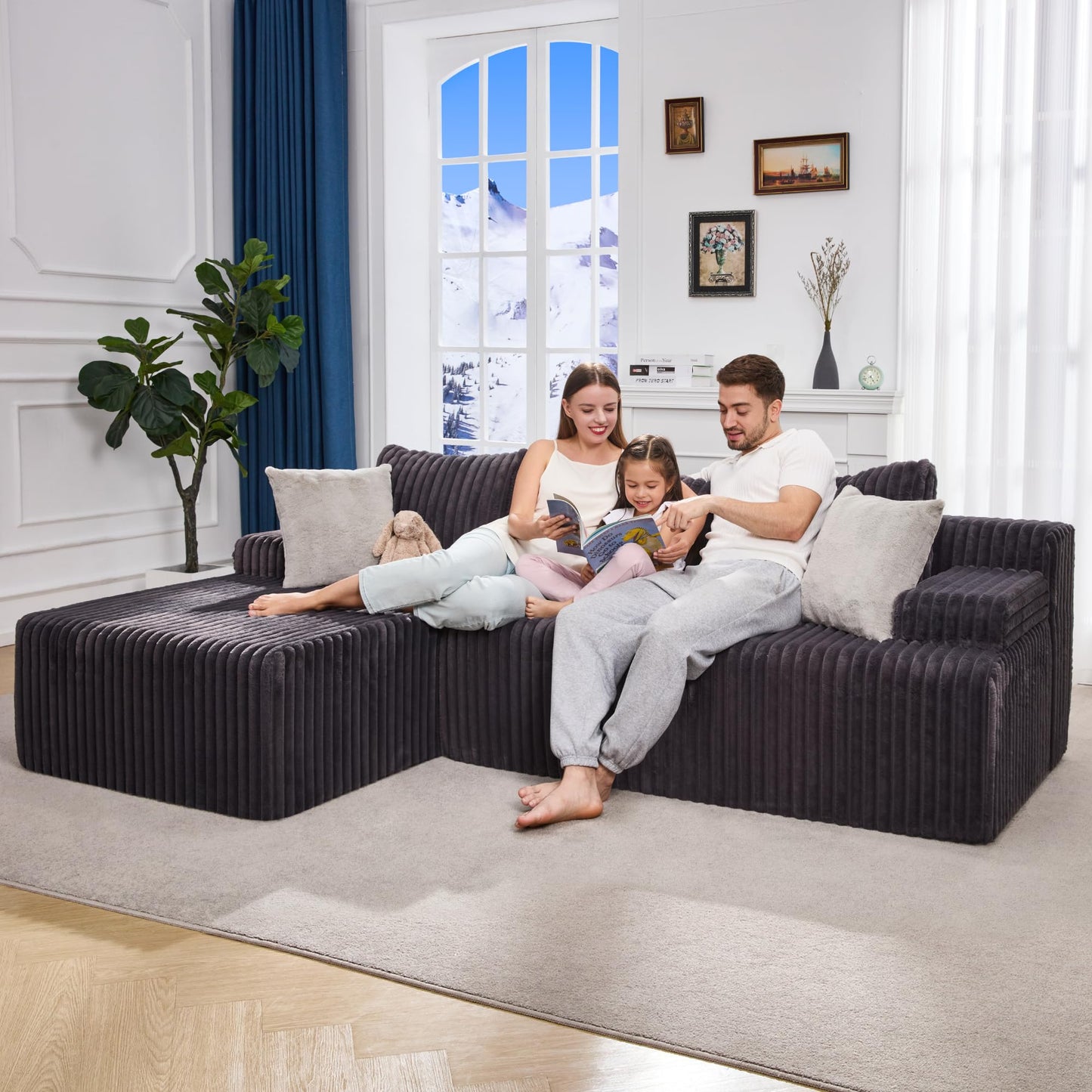 Hobestluk 96” Modular Sectional Sofa Couches L-Shape Couch 3 Seat Modular Sofa Memory Foam Sectional Couches for Living Room, Cloud Couch with Oversized Chaise (Grey, Stripe (Right Facing Chaise))