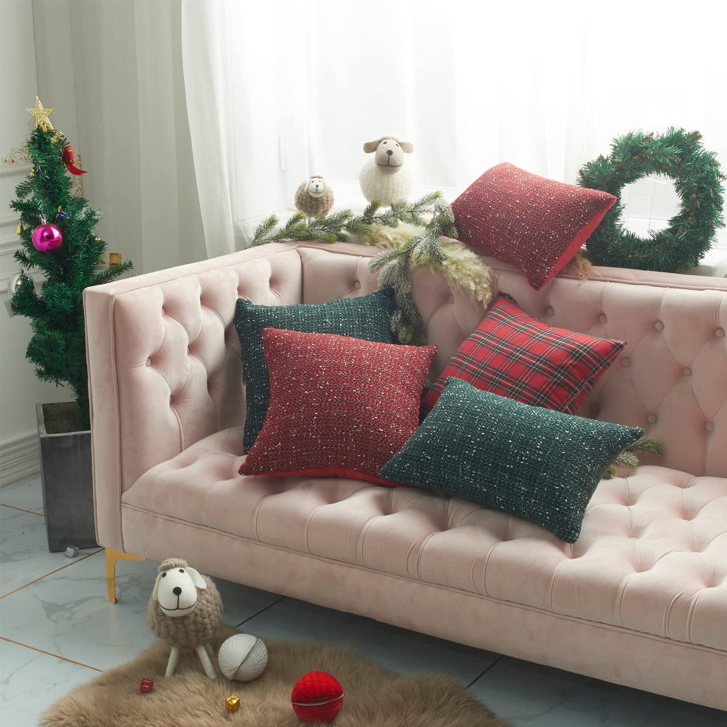 Green Plaid Pillow Covers 20x20 inch Set of 2 Knitting Tartan Pillow Cases Winter Xmas Farmhouse Cushion Covers for Sofa Bed