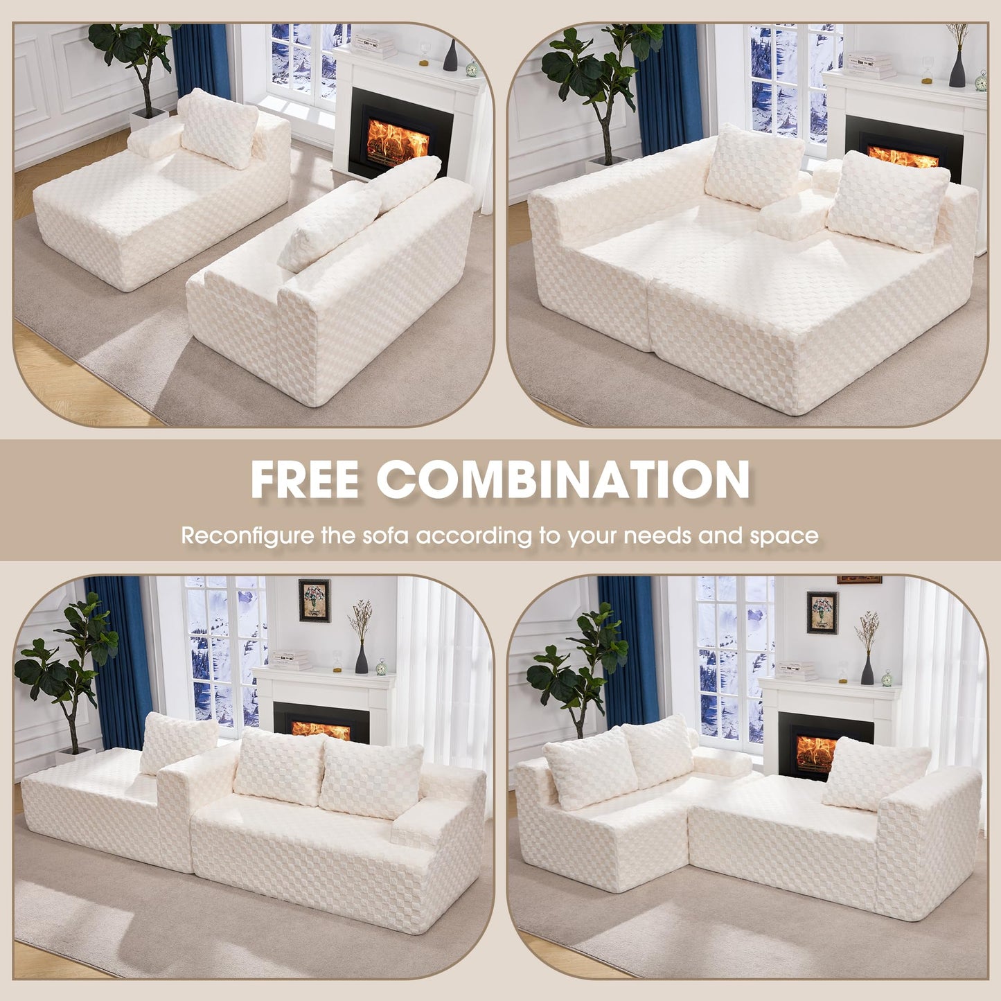 Hobestluk 96” Modular Sectional Sofa Couches L-Shape Couch 3 Seat Modular Sofa Memory Foam Sectional Couches for Living Room, Cloud Couch with Oversized Chaise (Grey, Stripe (Right Facing Chaise))