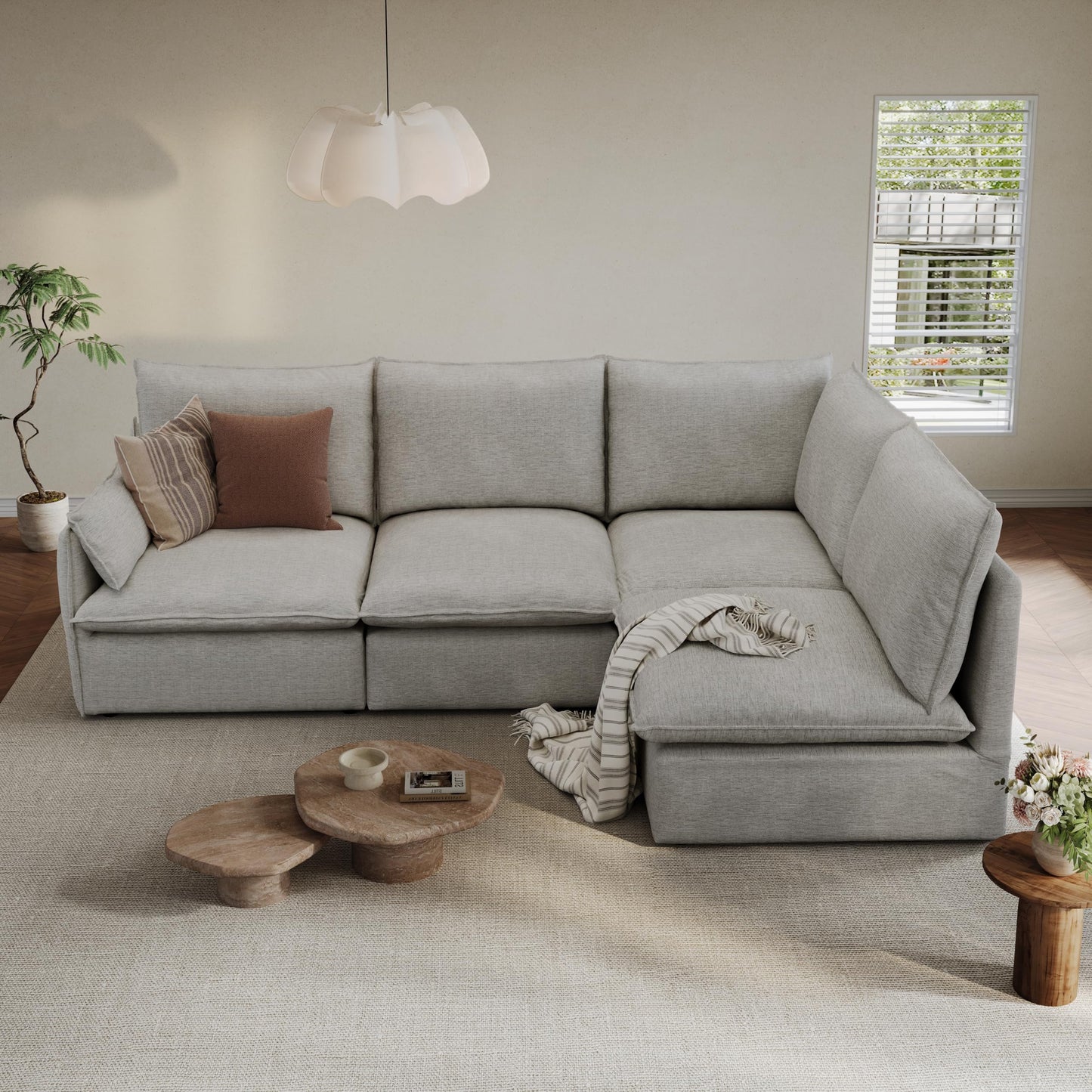 94.6" Small Cloud Couch, Linen Cloud Sectional Couches for Living Room, Convertible Down Filled Modular Sectional Sofa with Deep Seats & High-Back, Removable Washable Sofa Covers, Spill-Proof Fabric