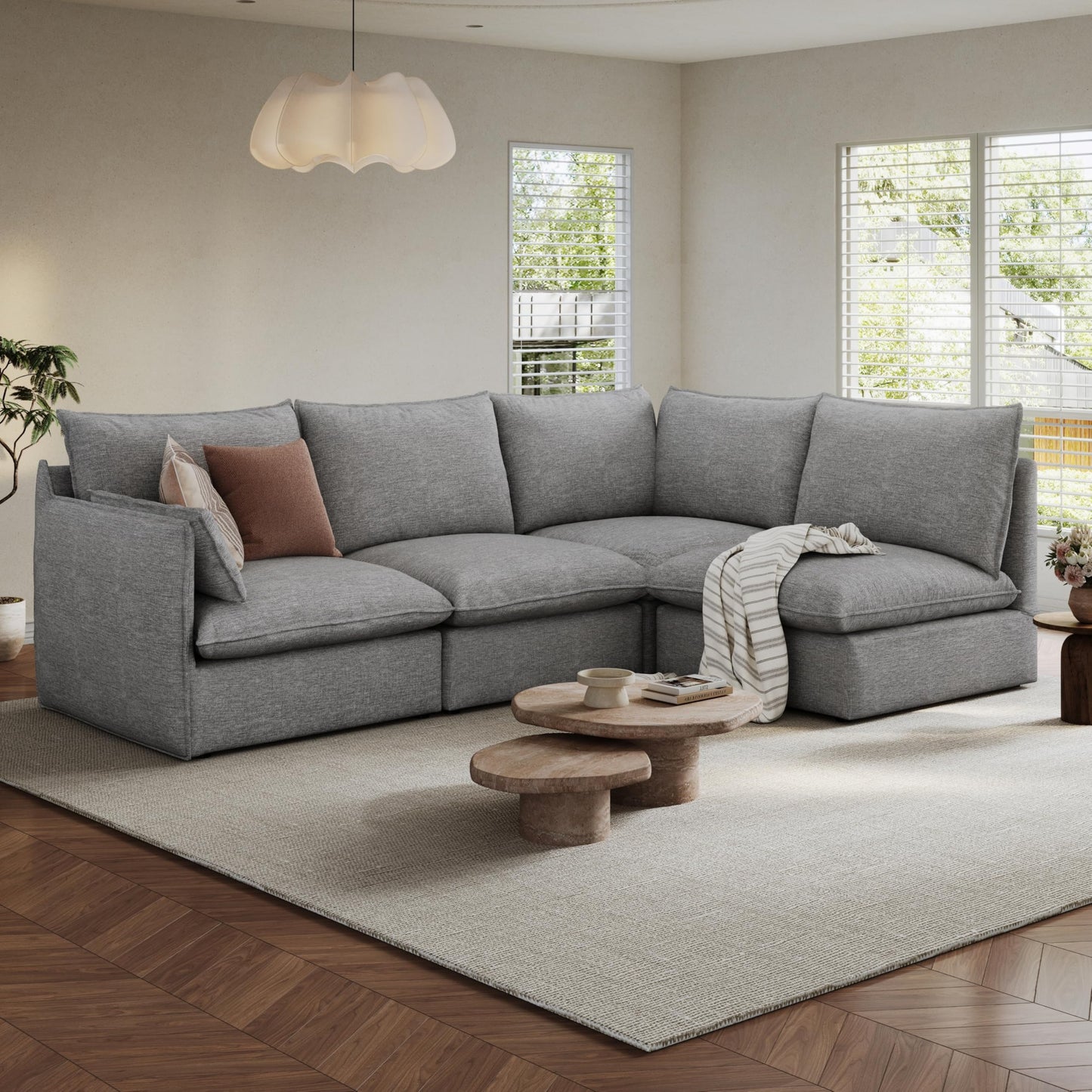94.6" Small Cloud Couch, Linen Cloud Sectional Couches for Living Room, Convertible Down Filled Modular Sectional Sofa with Deep Seats & High-Back, Removable Washable Sofa Covers, Spill-Proof Fabric
