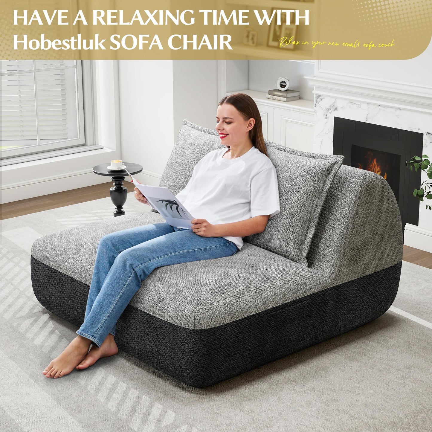 Hobestluk Small Sofa Couch Lounge Sofa Chair for Living Room, Comfy Memory Foam Couch, Mini Sofa with Side Pocket for Living Room, Bedroom (Grey+Light Grey)