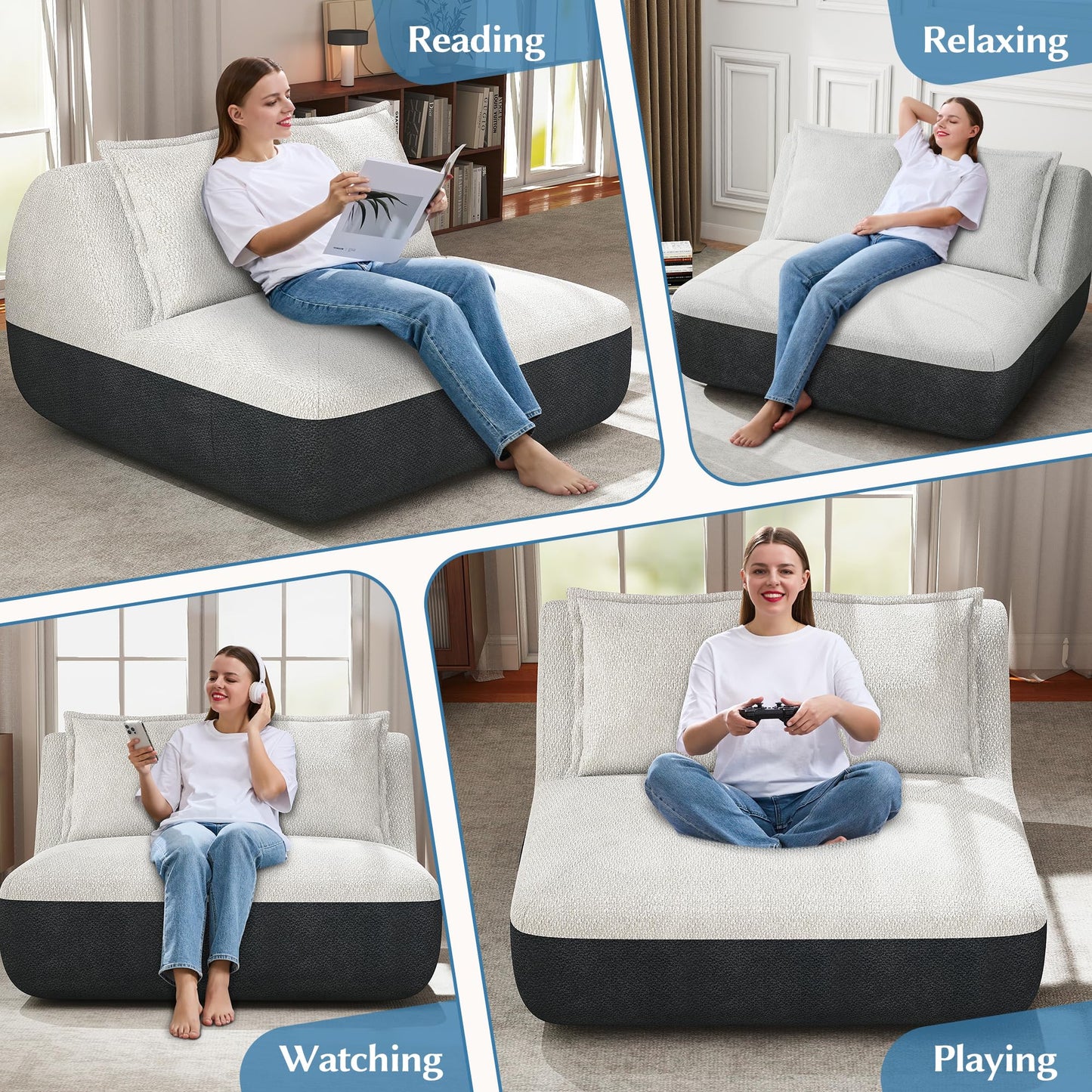 Hobestluk Small Sofa Couch Lounge Sofa Chair for Living Room, Comfy Memory Foam Couch, Mini Sofa with Side Pocket for Living Room, Bedroom (Grey+Light Grey)