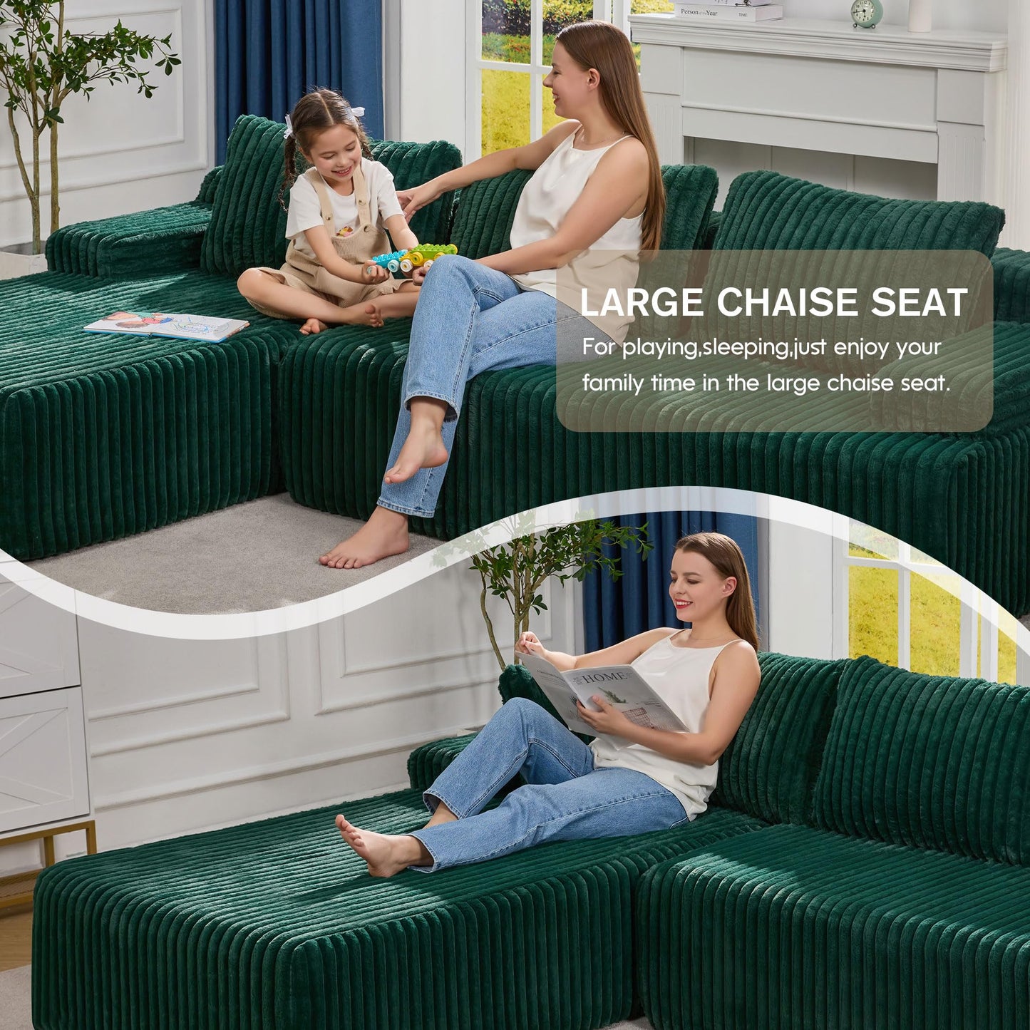 Hobestluk 96” Modular Sectional Sofa Couches L-Shape Couch 3 Seat Modular Sofa Memory Foam Sectional Couches for Living Room, Cloud Couch with Oversized Chaise (Grey, Stripe (Right Facing Chaise))