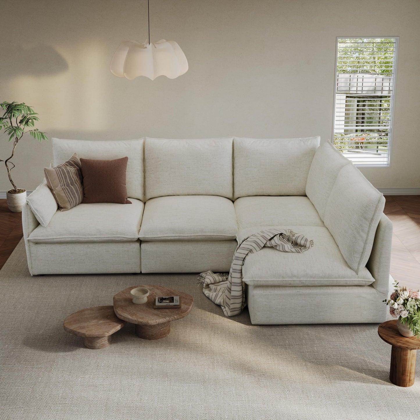 94.6" Small Cloud Couch, Linen Cloud Sectional Couches for Living Room, Convertible Down Filled Modular Sectional Sofa with Deep Seats & High-Back, Removable Washable Sofa Covers, Spill-Proof Fabric