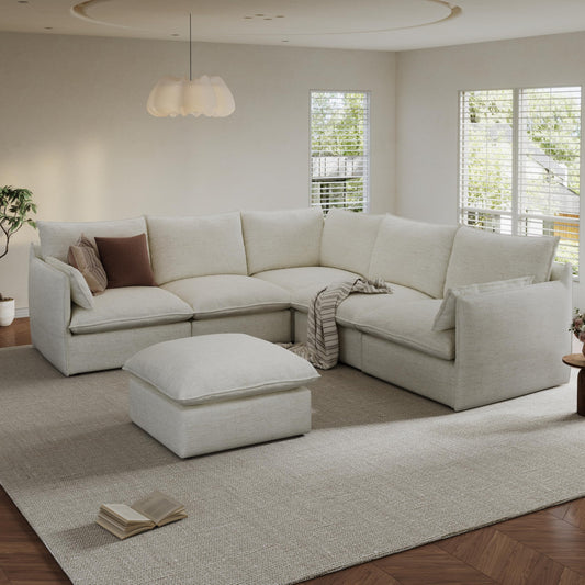 94.6" Small Cloud Couch, Linen Cloud Sectional Couches for Living Room, Convertible Down Filled Modular Sectional Sofa with Deep Seats & High-Back, Removable Washable Sofa Covers, Spill-Proof Fabric