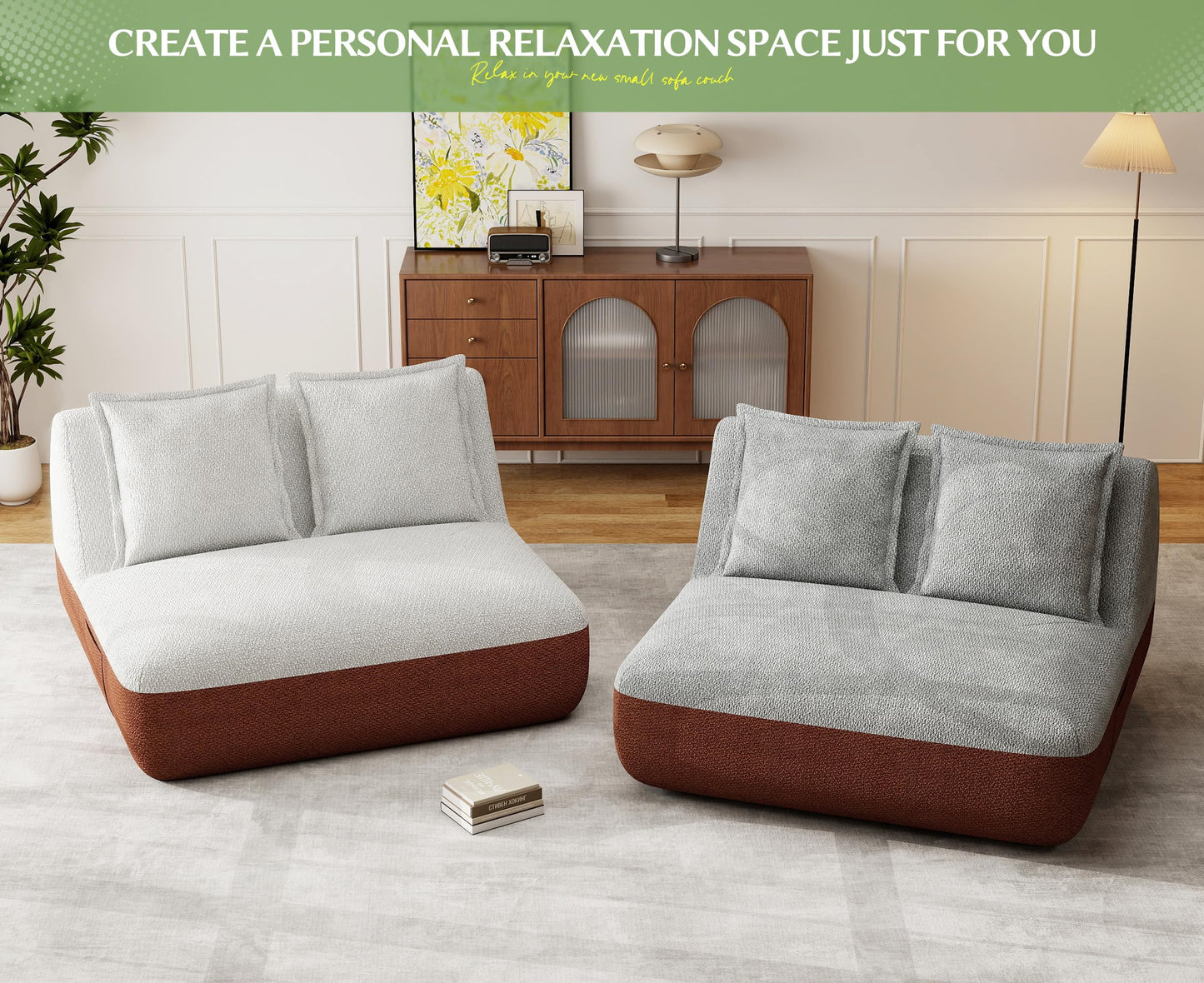 Hobestluk Small Sofa Couch Lounge Sofa Chair for Living Room, Comfy Memory Foam Couch, Mini Sofa with Side Pocket for Living Room, Bedroom (Grey+Light Grey)