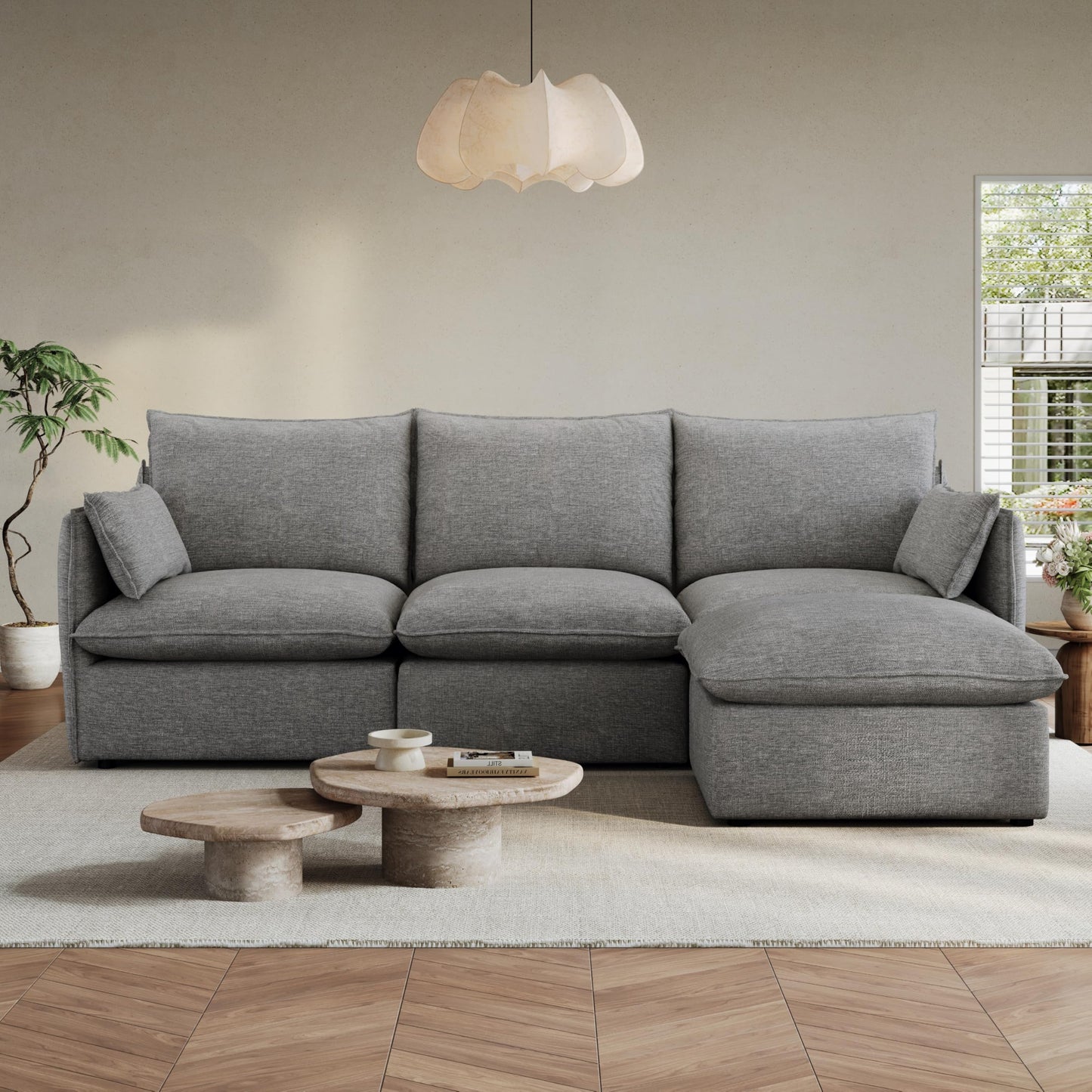 94.6" Small Cloud Couch, Linen Cloud Sectional Couches for Living Room, Convertible Down Filled Modular Sectional Sofa with Deep Seats & High-Back, Removable Washable Sofa Covers, Spill-Proof Fabric