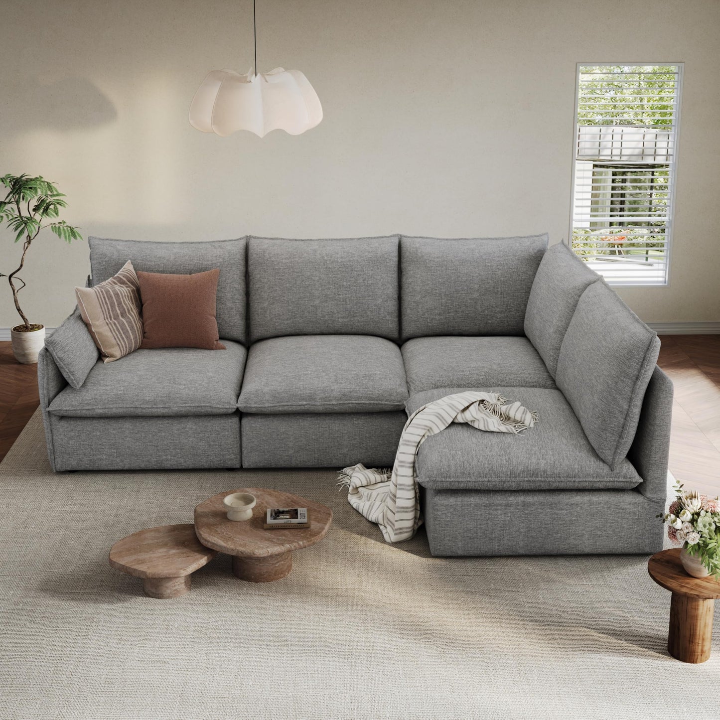 94.6" Small Cloud Couch, Linen Cloud Sectional Couches for Living Room, Convertible Down Filled Modular Sectional Sofa with Deep Seats & High-Back, Removable Washable Sofa Covers, Spill-Proof Fabric