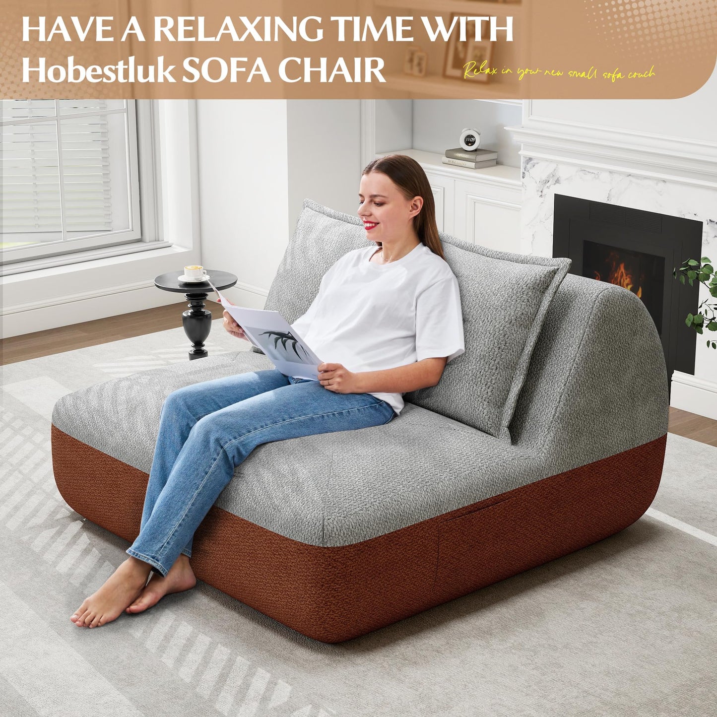 Hobestluk Small Sofa Couch Lounge Sofa Chair for Living Room, Comfy Memory Foam Couch, Mini Sofa with Side Pocket for Living Room, Bedroom (Grey+Light Grey)