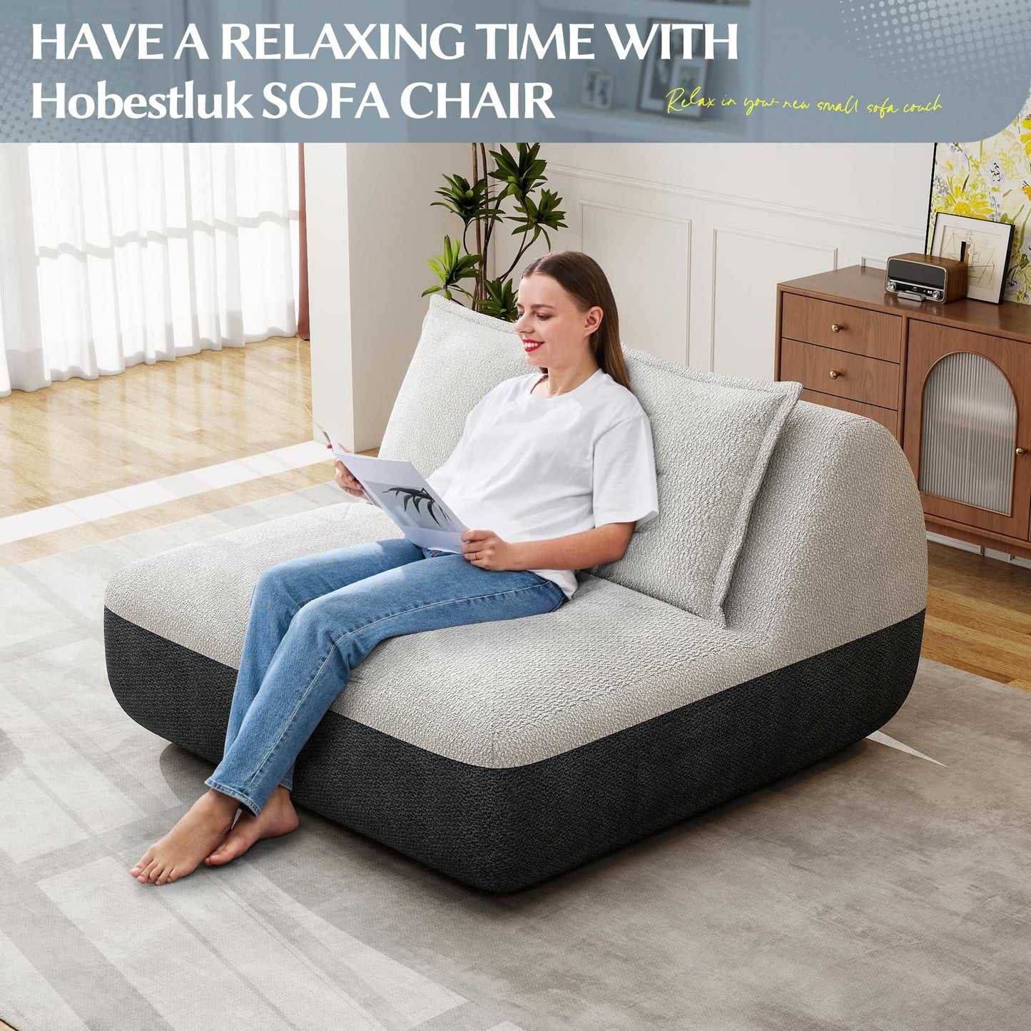 Hobestluk Small Sofa Couch Lounge Sofa Chair for Living Room, Comfy Memory Foam Couch, Mini Sofa with Side Pocket for Living Room, Bedroom (Grey+Light Grey)