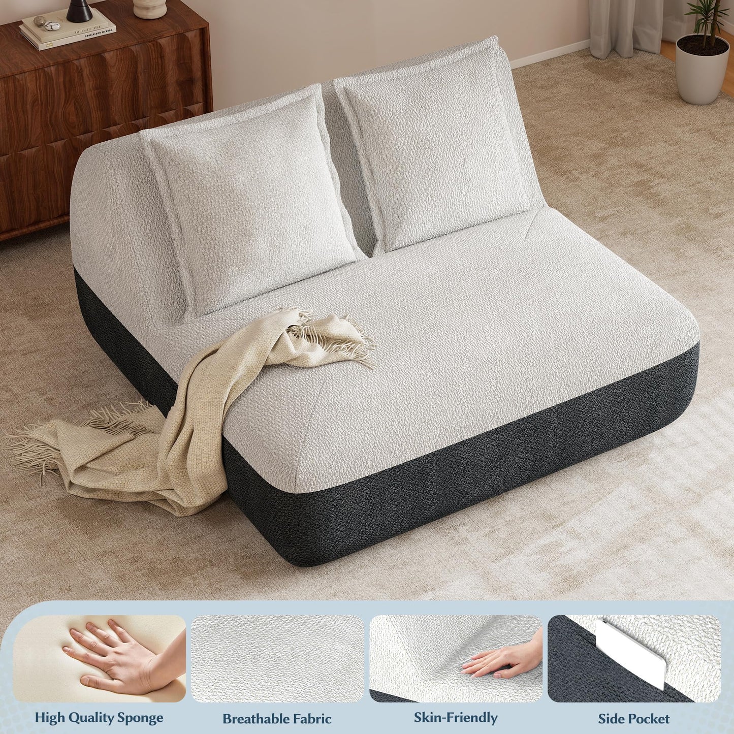 Hobestluk Small Sofa Couch Lounge Sofa Chair for Living Room, Comfy Memory Foam Couch, Mini Sofa with Side Pocket for Living Room, Bedroom (Grey+Light Grey)