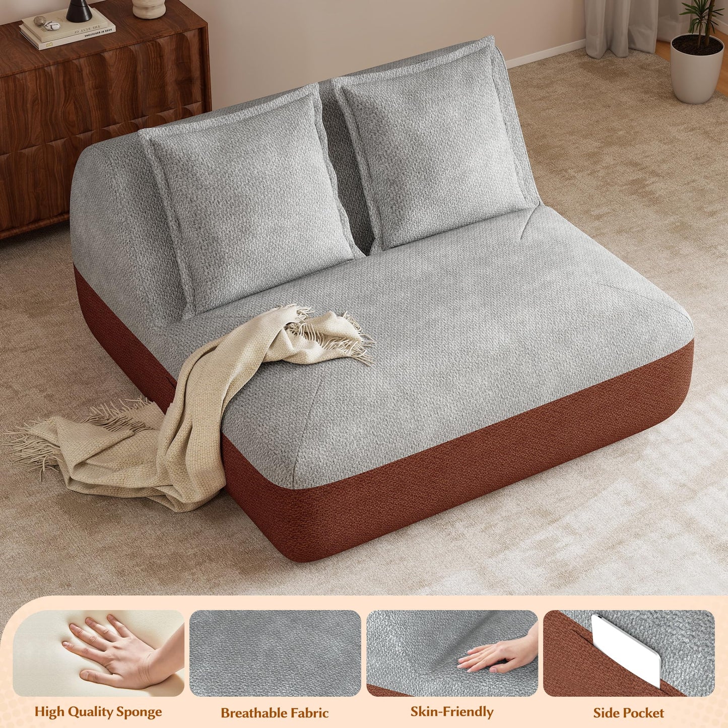 Hobestluk Small Sofa Couch Lounge Sofa Chair for Living Room, Comfy Memory Foam Couch, Mini Sofa with Side Pocket for Living Room, Bedroom (Grey+Light Grey)