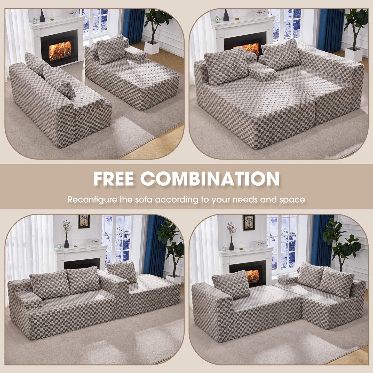 Hobestluk 96” Modular Sectional Sofa Couches L-Shape Couch 3 Seat Modular Sofa Memory Foam Sectional Couches for Living Room, Cloud Couch with Oversized Chaise (Grey, Stripe (Right Facing Chaise))