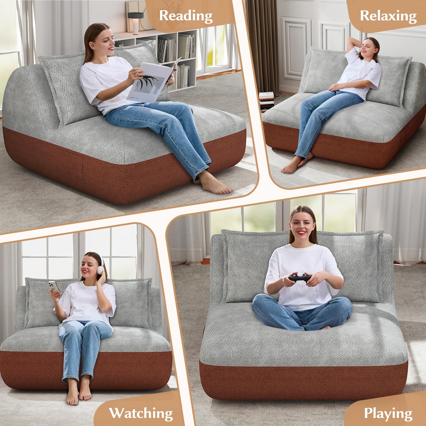 Hobestluk Small Sofa Couch Lounge Sofa Chair for Living Room, Comfy Memory Foam Couch, Mini Sofa with Side Pocket for Living Room, Bedroom (Grey+Light Grey)