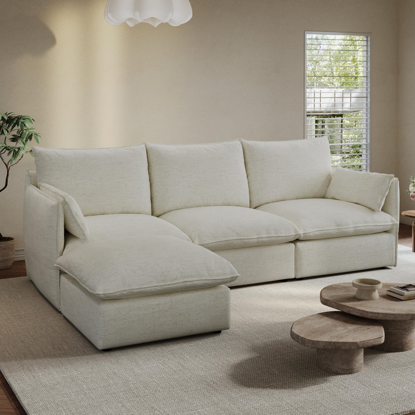 94.6" Small Cloud Couch, Linen Cloud Sectional Couches for Living Room, Convertible Down Filled Modular Sectional Sofa with Deep Seats & High-Back, Removable Washable Sofa Covers, Spill-Proof Fabric