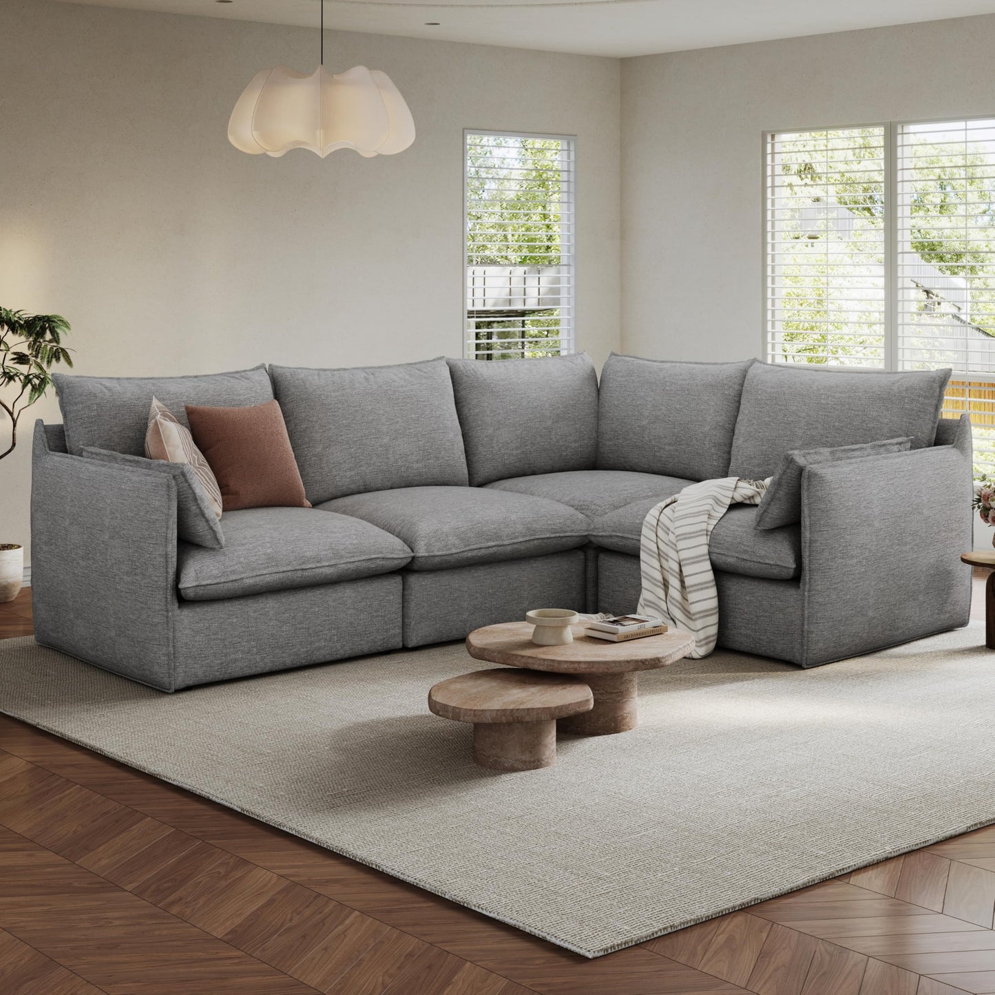 94.6" Small Cloud Couch, Linen Cloud Sectional Couches for Living Room, Convertible Down Filled Modular Sectional Sofa with Deep Seats & High-Back, Removable Washable Sofa Covers, Spill-Proof Fabric