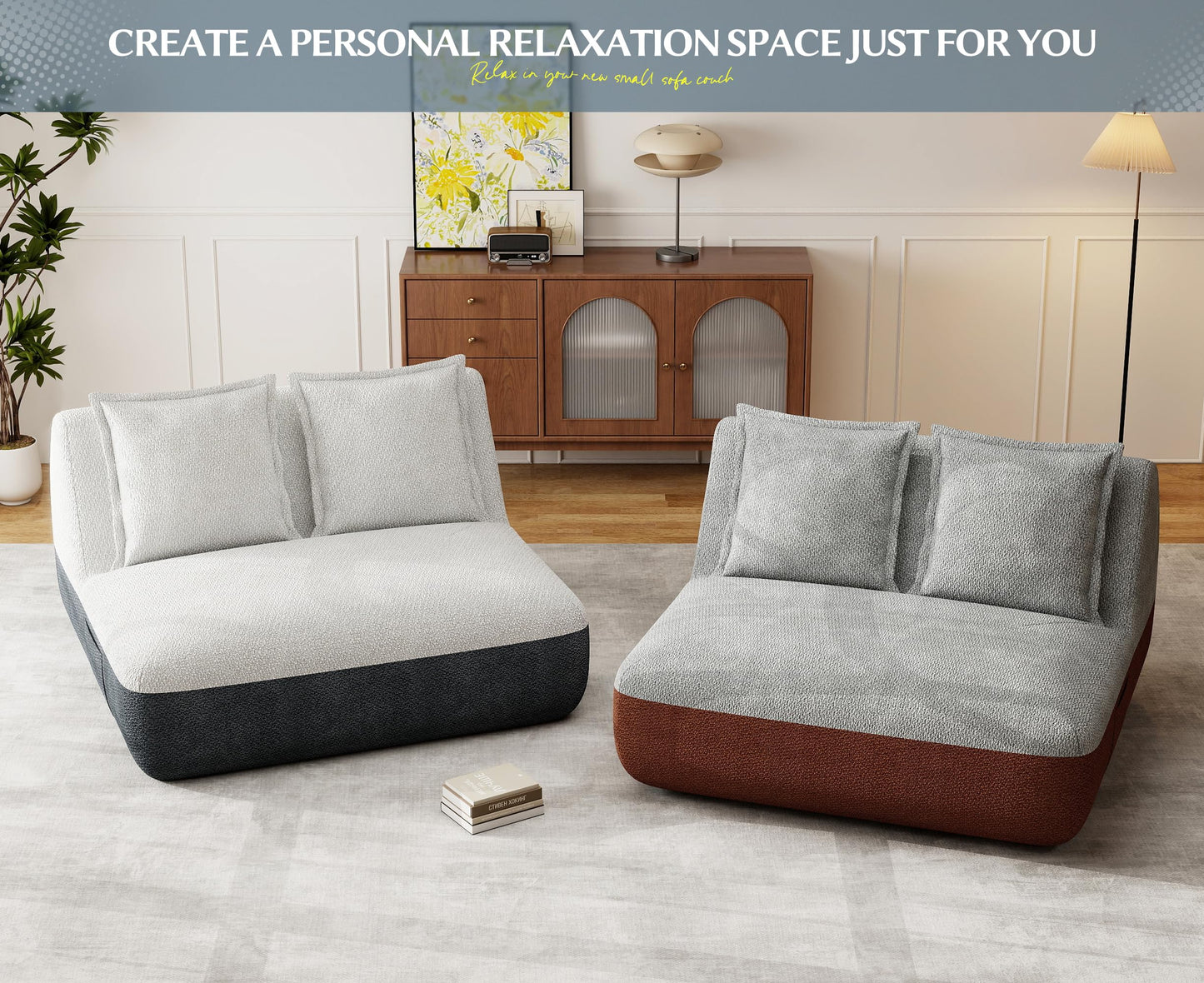 Hobestluk Small Sofa Couch Lounge Sofa Chair for Living Room, Comfy Memory Foam Couch, Mini Sofa with Side Pocket for Living Room, Bedroom (Grey+Light Grey)