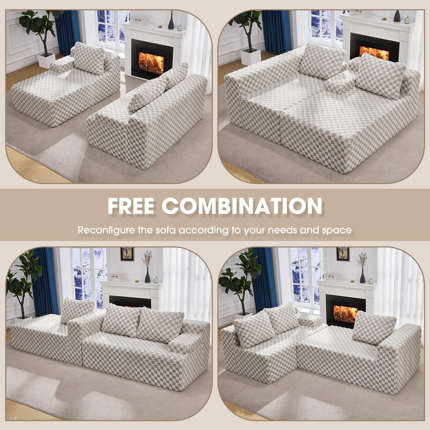 Hobestluk 96” Modular Sectional Sofa Couches L-Shape Couch 3 Seat Modular Sofa Memory Foam Sectional Couches for Living Room, Cloud Couch with Oversized Chaise (Grey, Stripe (Right Facing Chaise))