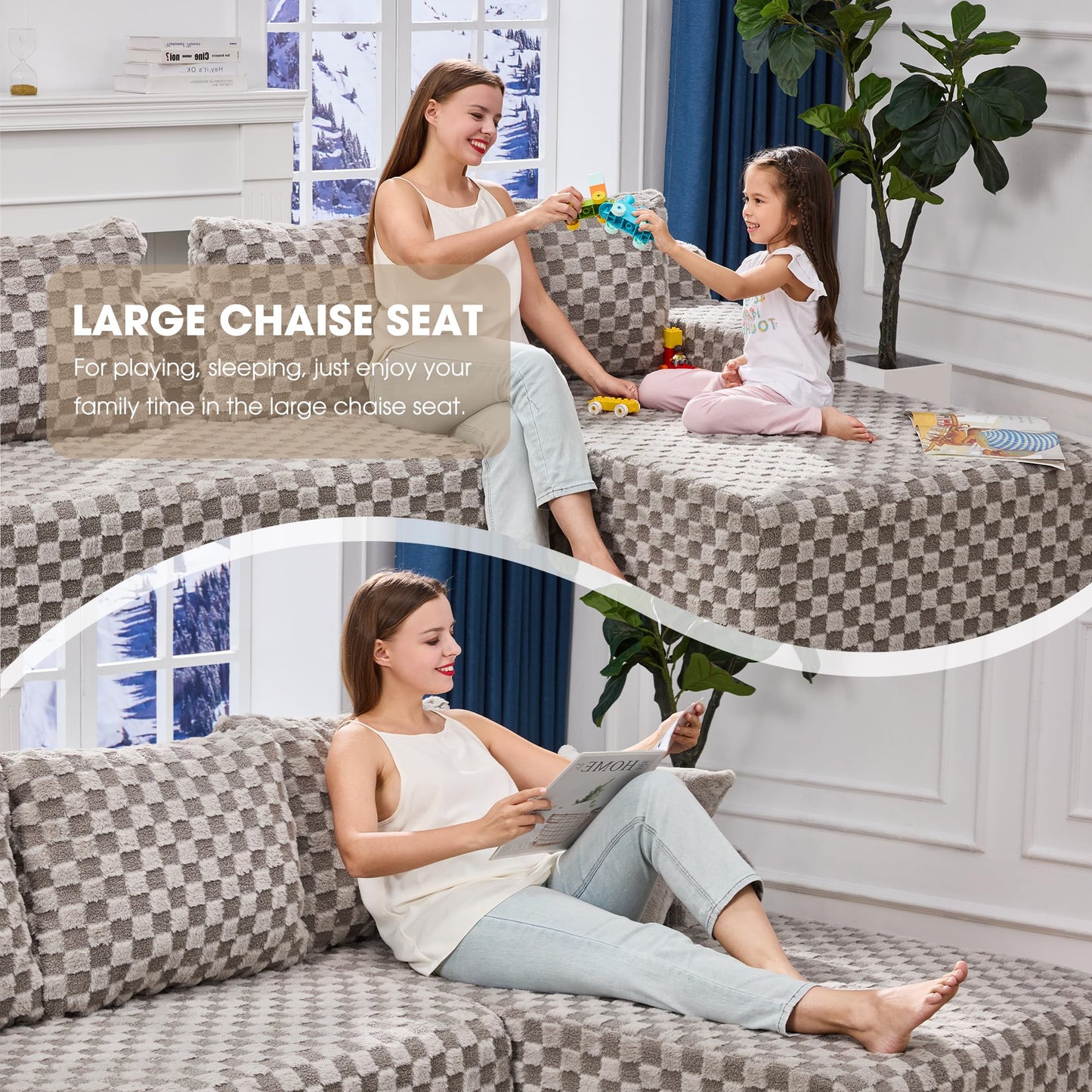 Hobestluk 96” Modular Sectional Sofa Couches L-Shape Couch 3 Seat Modular Sofa Memory Foam Sectional Couches for Living Room, Cloud Couch with Oversized Chaise (Grey, Stripe (Right Facing Chaise))