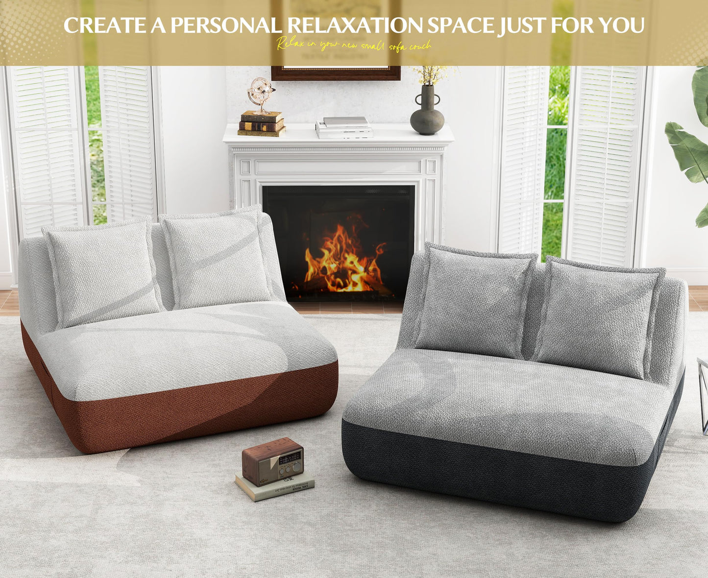 Hobestluk Small Sofa Couch Lounge Sofa Chair for Living Room, Comfy Memory Foam Couch, Mini Sofa with Side Pocket for Living Room, Bedroom (Grey+Light Grey)