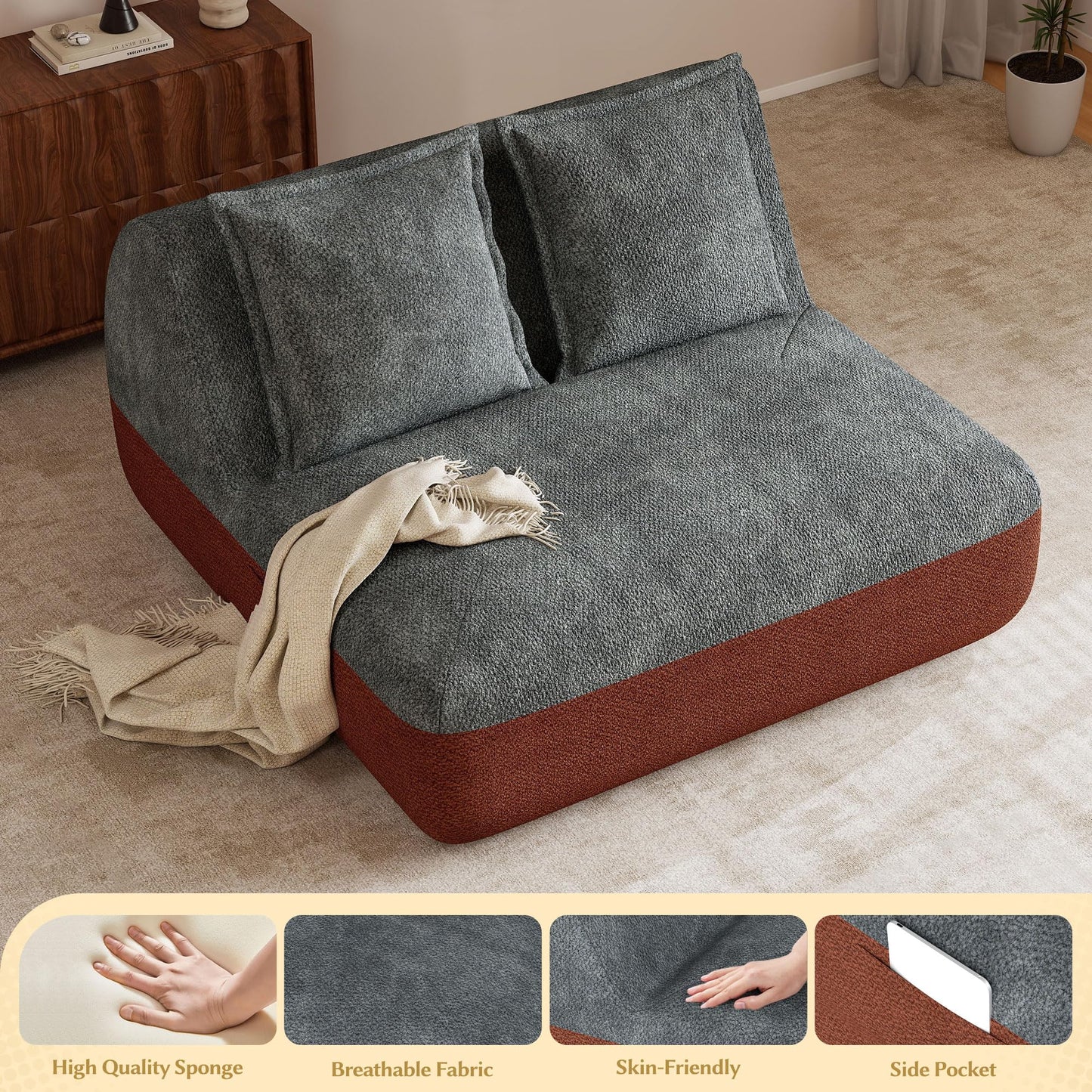 Hobestluk Small Sofa Couch Lounge Sofa Chair for Living Room, Comfy Memory Foam Couch, Mini Sofa with Side Pocket for Living Room, Bedroom (Grey+Light Grey)