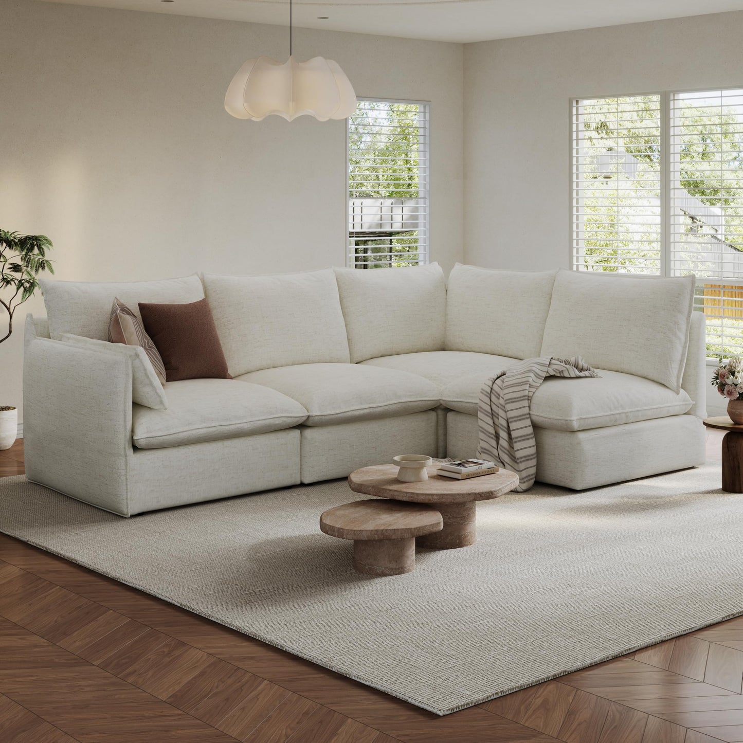 94.6" Small Cloud Couch, Linen Cloud Sectional Couches for Living Room, Convertible Down Filled Modular Sectional Sofa with Deep Seats & High-Back, Removable Washable Sofa Covers, Spill-Proof Fabric