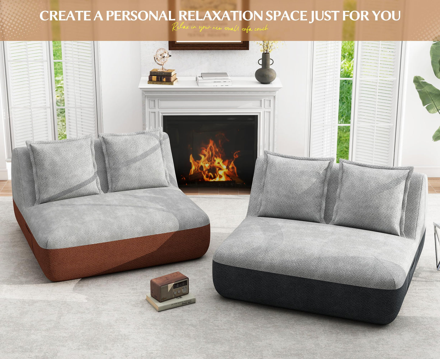 Hobestluk Small Sofa Couch Lounge Sofa Chair for Living Room, Comfy Memory Foam Couch, Mini Sofa with Side Pocket for Living Room, Bedroom (Grey+Light Grey)