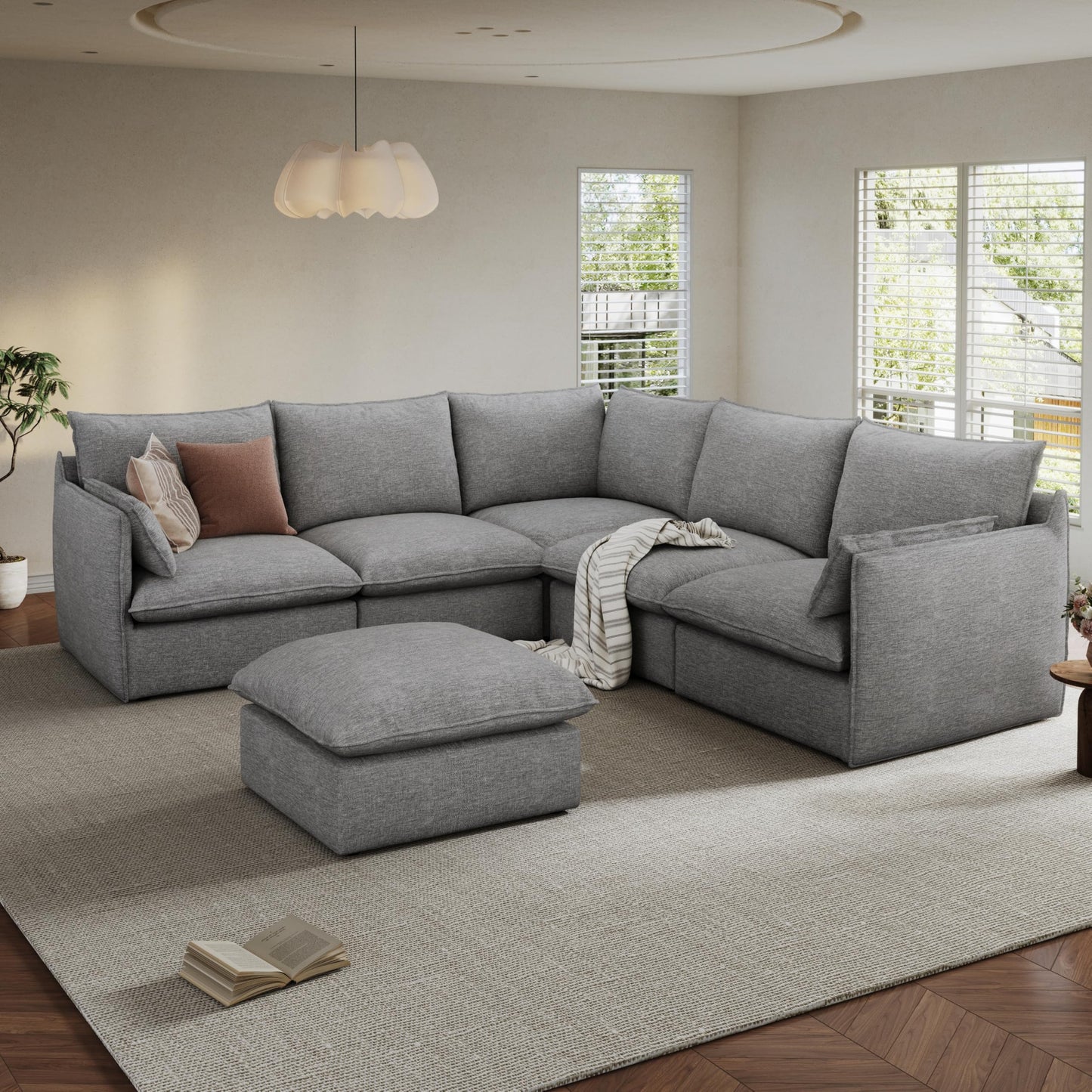 94.6" Small Cloud Couch, Linen Cloud Sectional Couches for Living Room, Convertible Down Filled Modular Sectional Sofa with Deep Seats & High-Back, Removable Washable Sofa Covers, Spill-Proof Fabric