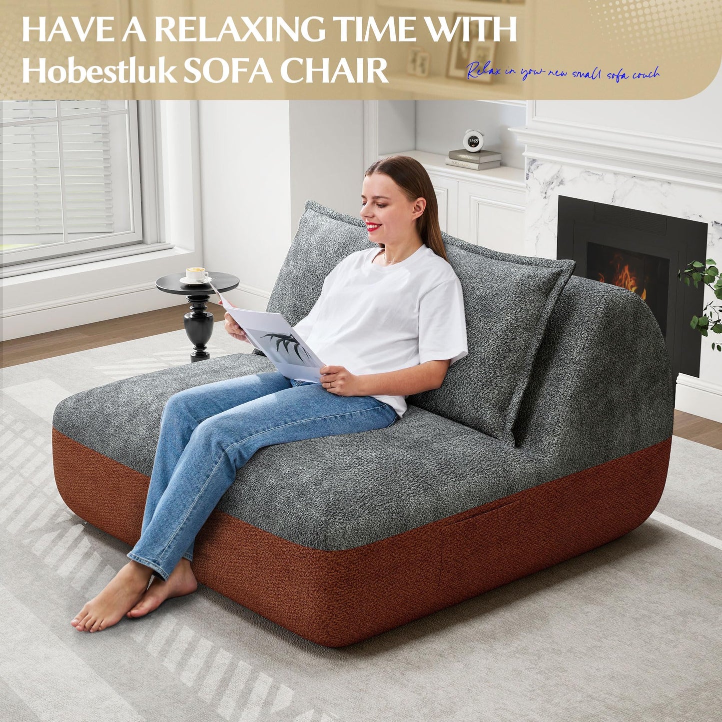 Hobestluk Small Sofa Couch Lounge Sofa Chair for Living Room, Comfy Memory Foam Couch, Mini Sofa with Side Pocket for Living Room, Bedroom (Grey+Light Grey)