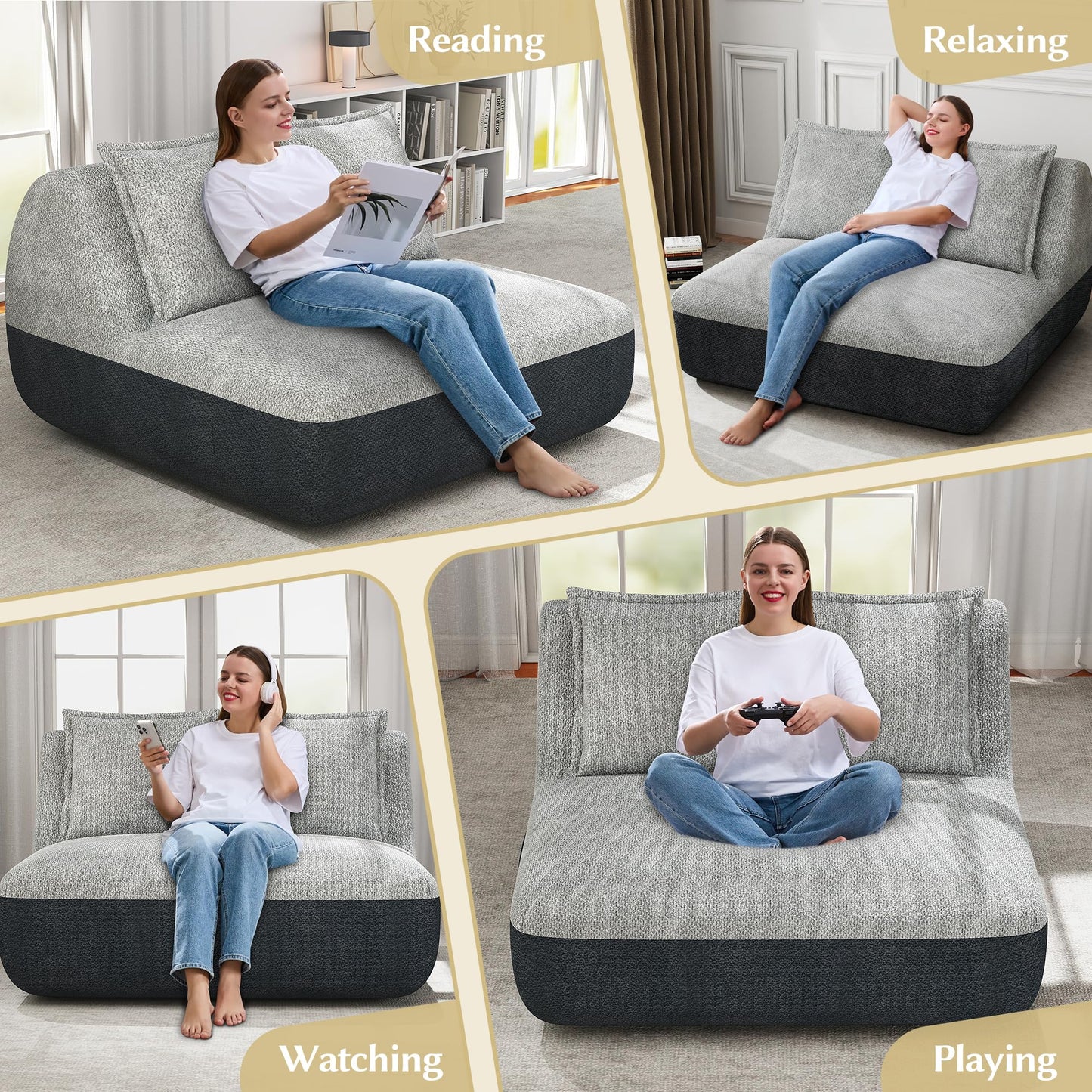 Hobestluk Small Sofa Couch Lounge Sofa Chair for Living Room, Comfy Memory Foam Couch, Mini Sofa with Side Pocket for Living Room, Bedroom (Grey+Light Grey)