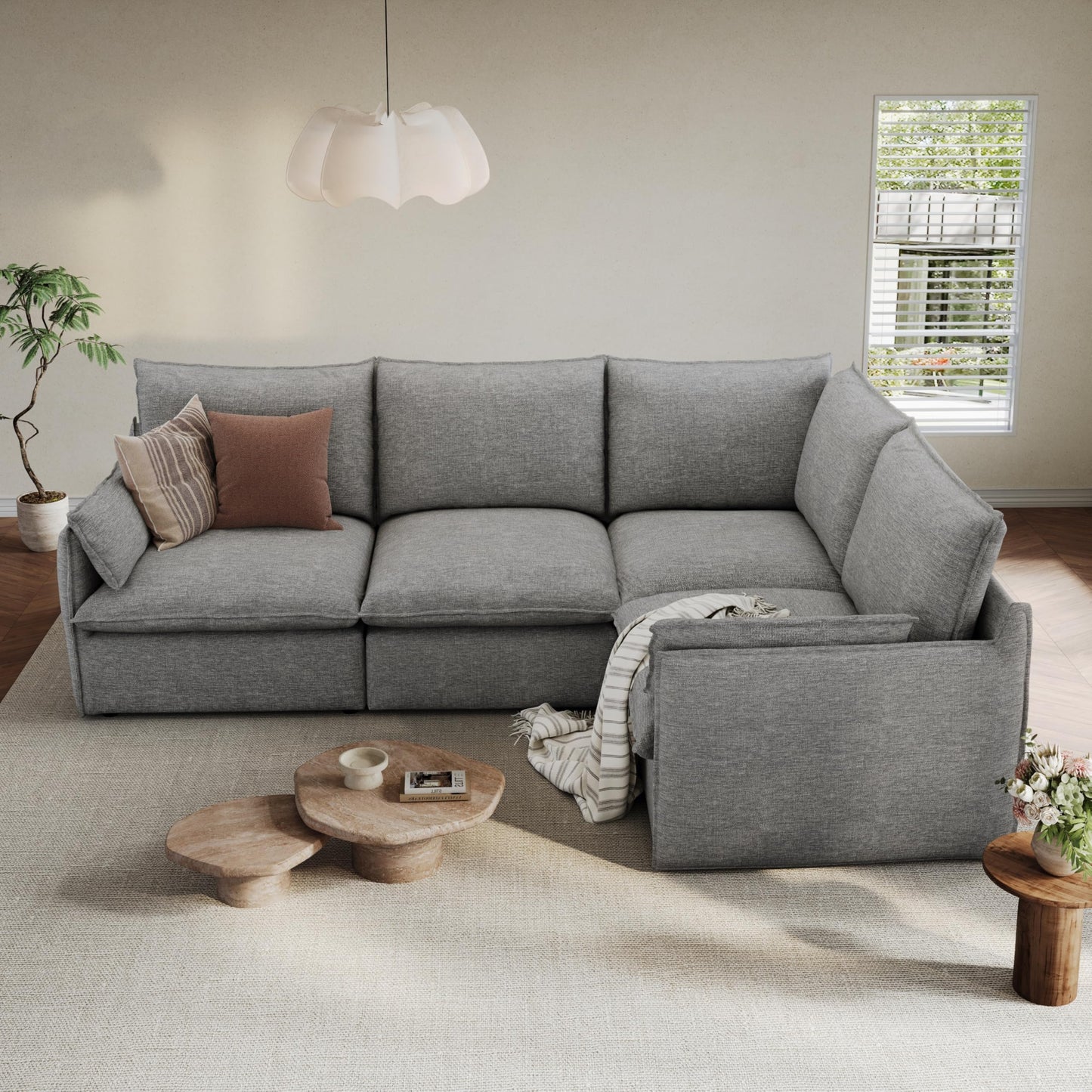 94.6" Small Cloud Couch, Linen Cloud Sectional Couches for Living Room, Convertible Down Filled Modular Sectional Sofa with Deep Seats & High-Back, Removable Washable Sofa Covers, Spill-Proof Fabric
