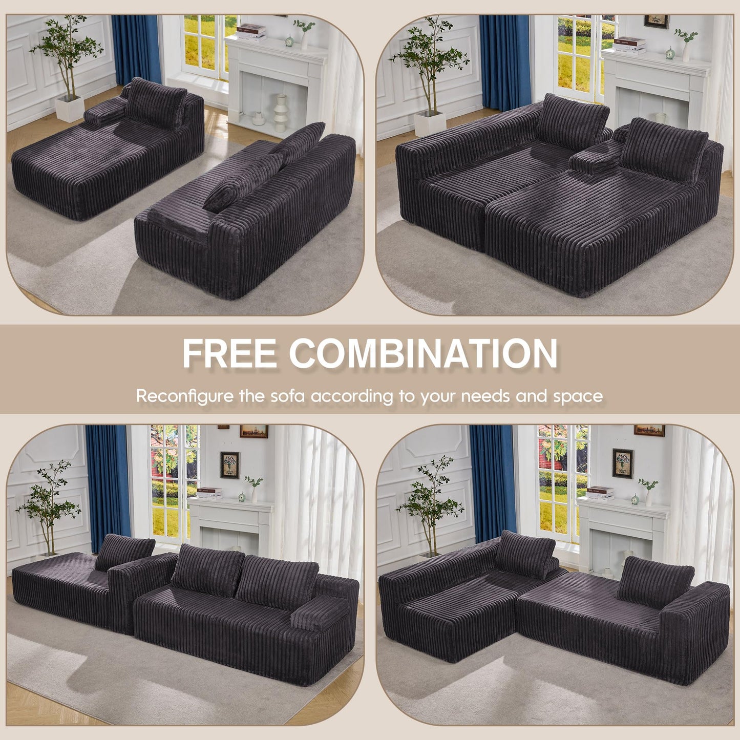 Hobestluk 96” Modular Sectional Sofa Couches L-Shape Couch 3 Seat Modular Sofa Memory Foam Sectional Couches for Living Room, Cloud Couch with Oversized Chaise (Grey, Stripe (Right Facing Chaise))