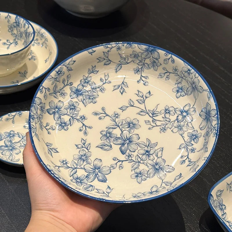 Elegant Vintage Blue Floral Bowl & Plate Set