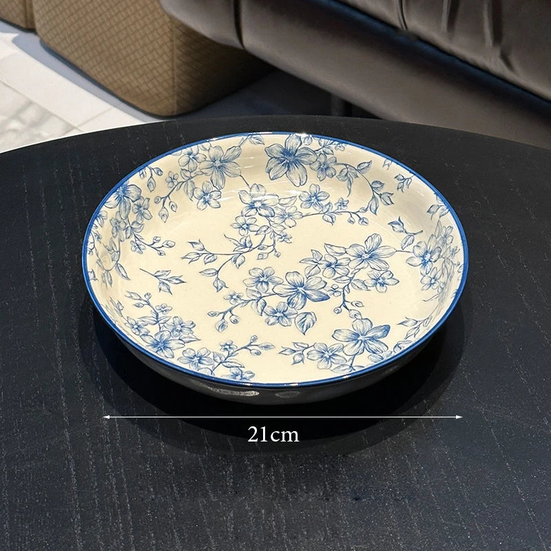 Elegant Vintage Blue Floral Bowl & Plate Set