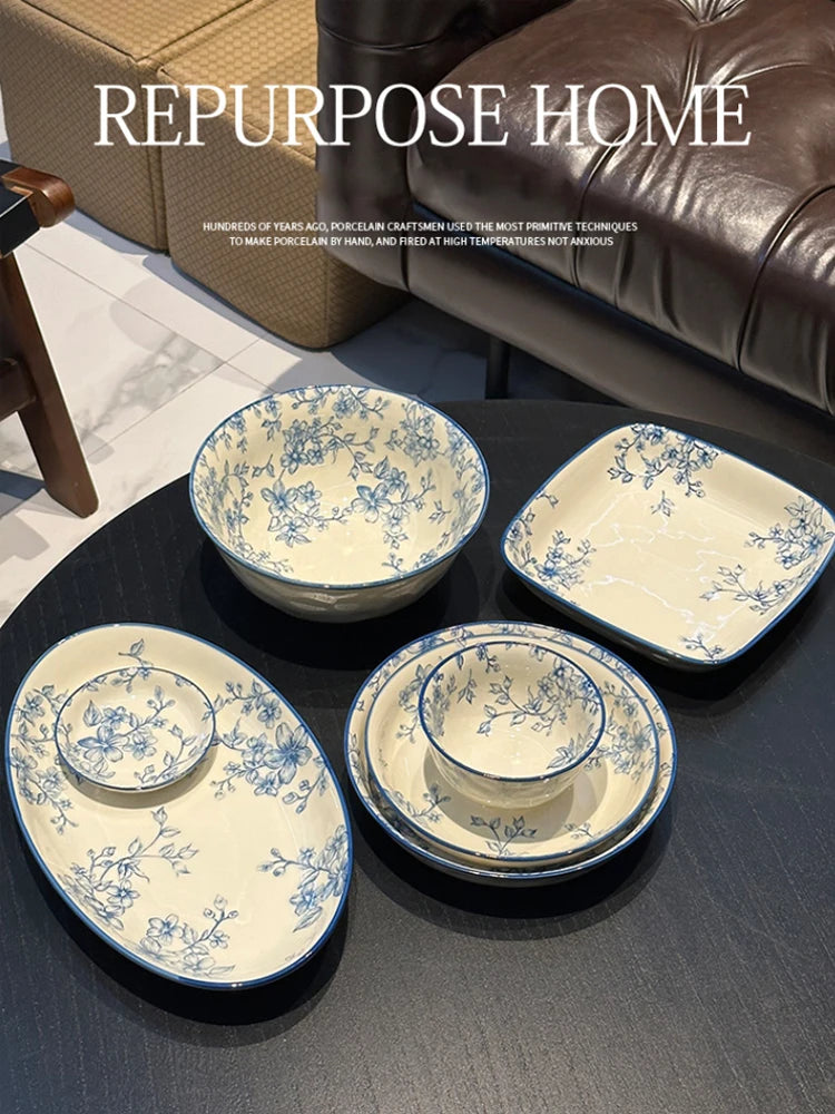Elegant Vintage Blue Floral Bowl & Plate Set