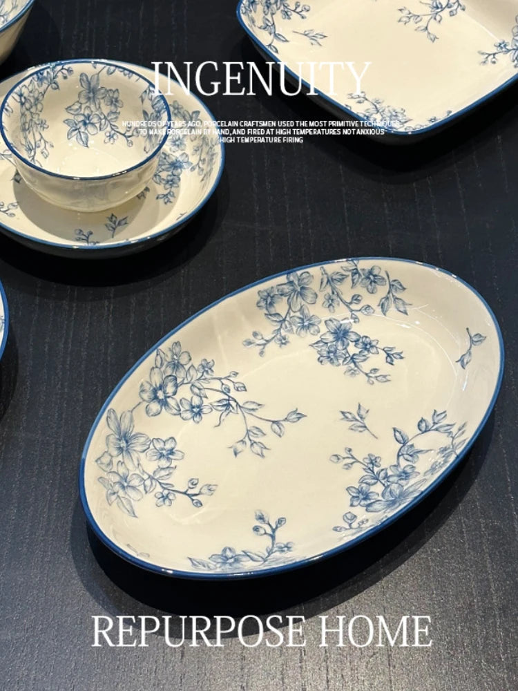 Elegant Vintage Blue Floral Bowl & Plate Set