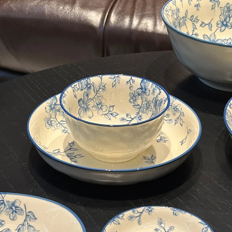 Elegant Vintage Blue Floral Bowl & Plate Set