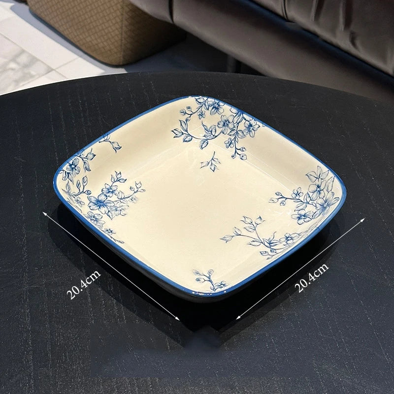 Elegant Vintage Blue Floral Bowl & Plate Set