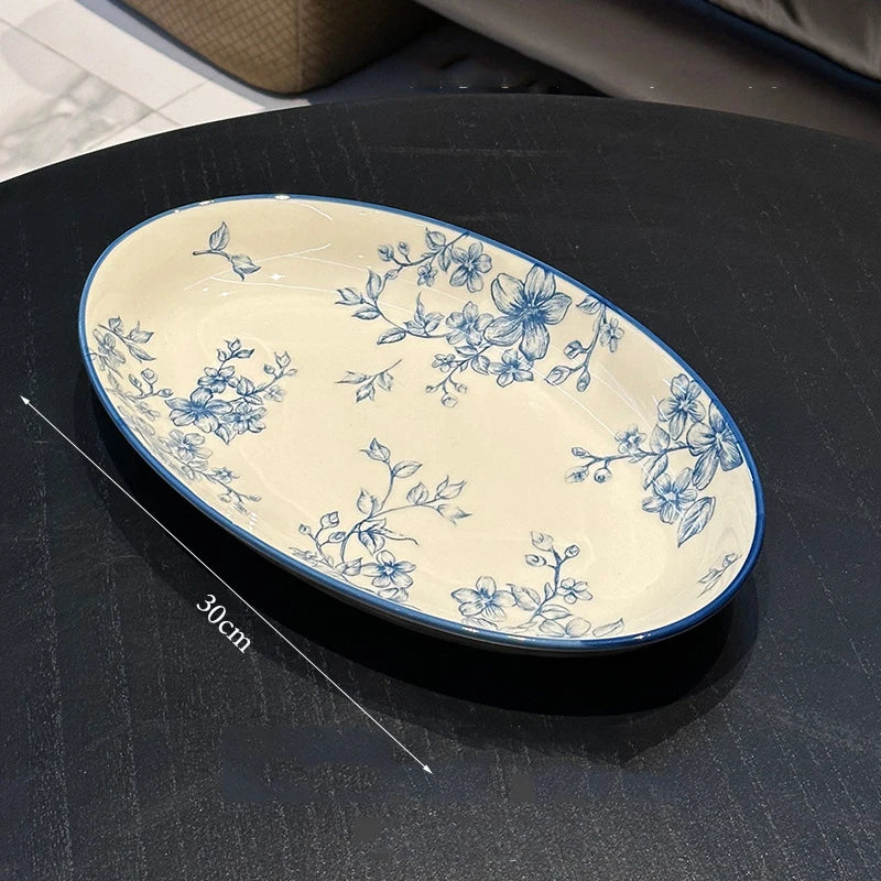 Elegant Vintage Blue Floral Bowl & Plate Set